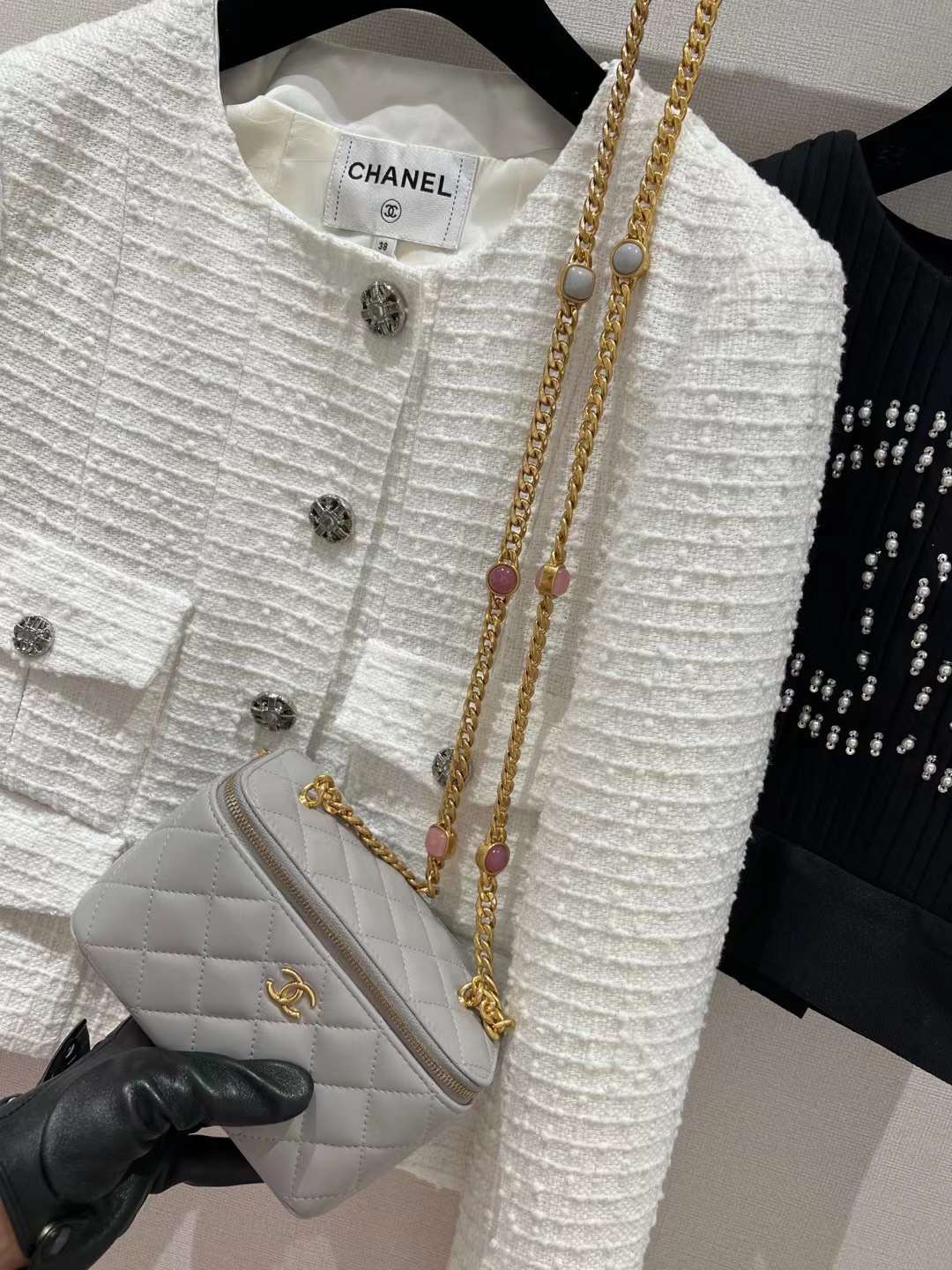 【P1170】Chanel女包价格 香奈儿菱格纹进口羊皮盒子包琉璃珠宝链条包 灰色
