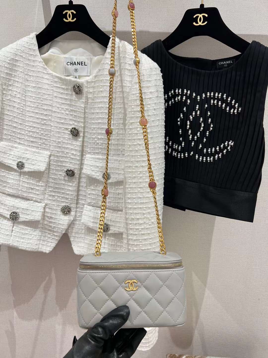 【P1170】Chanel女包价格 香奈儿菱格纹进口羊皮盒子包琉璃珠宝链条包 灰色