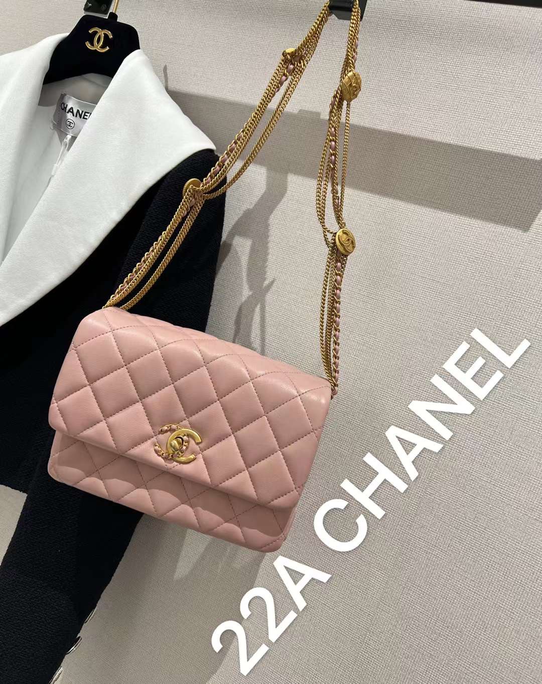 【P1880】香奈儿女包价格 Chanel新款粉色菱格羊皮鸳鸯扣金币链条腋下包