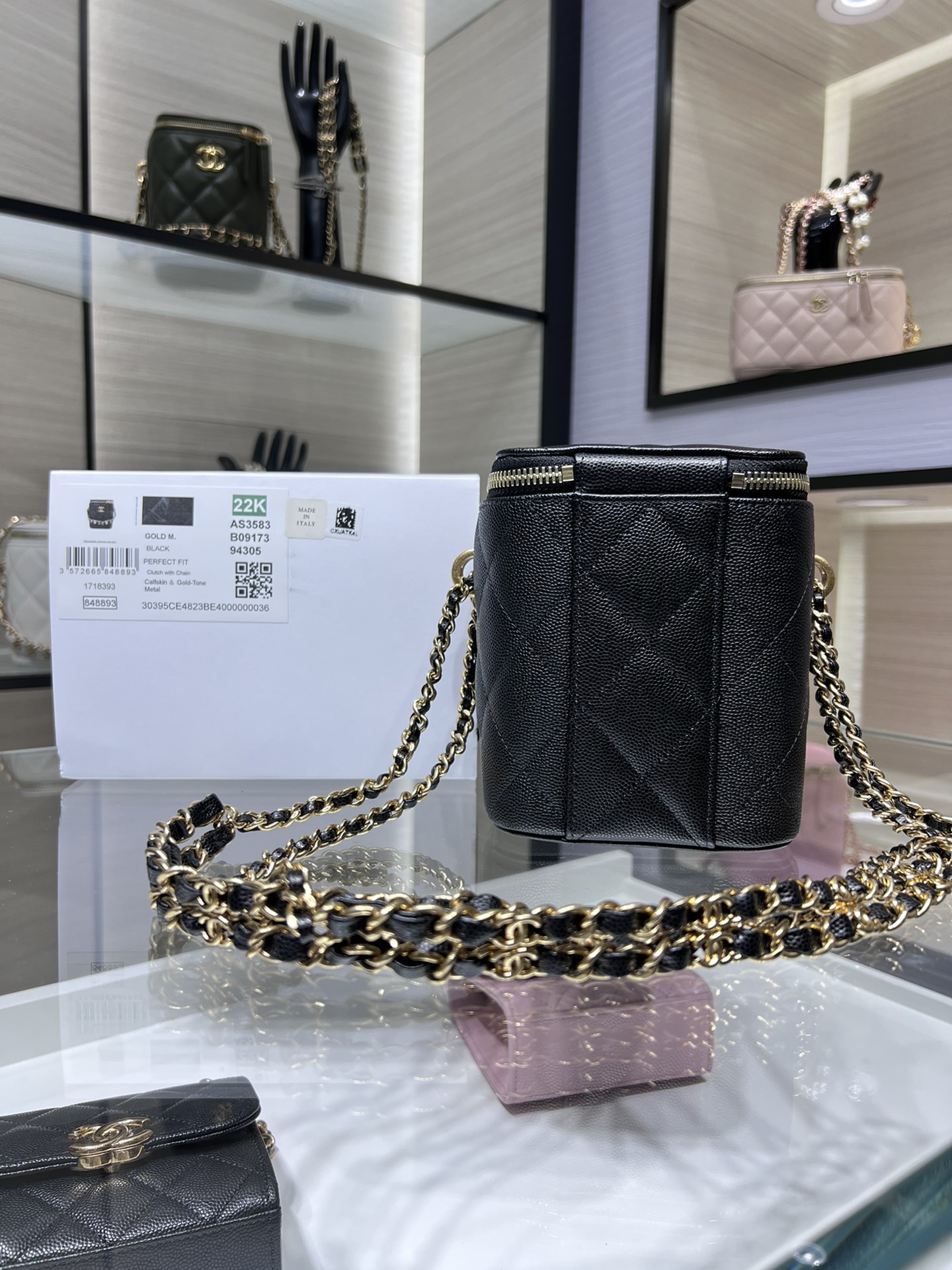 【P1430】Chanel女包价格 香奈儿黑色鱼子酱皮菱格双链方形盒子包斜挎包