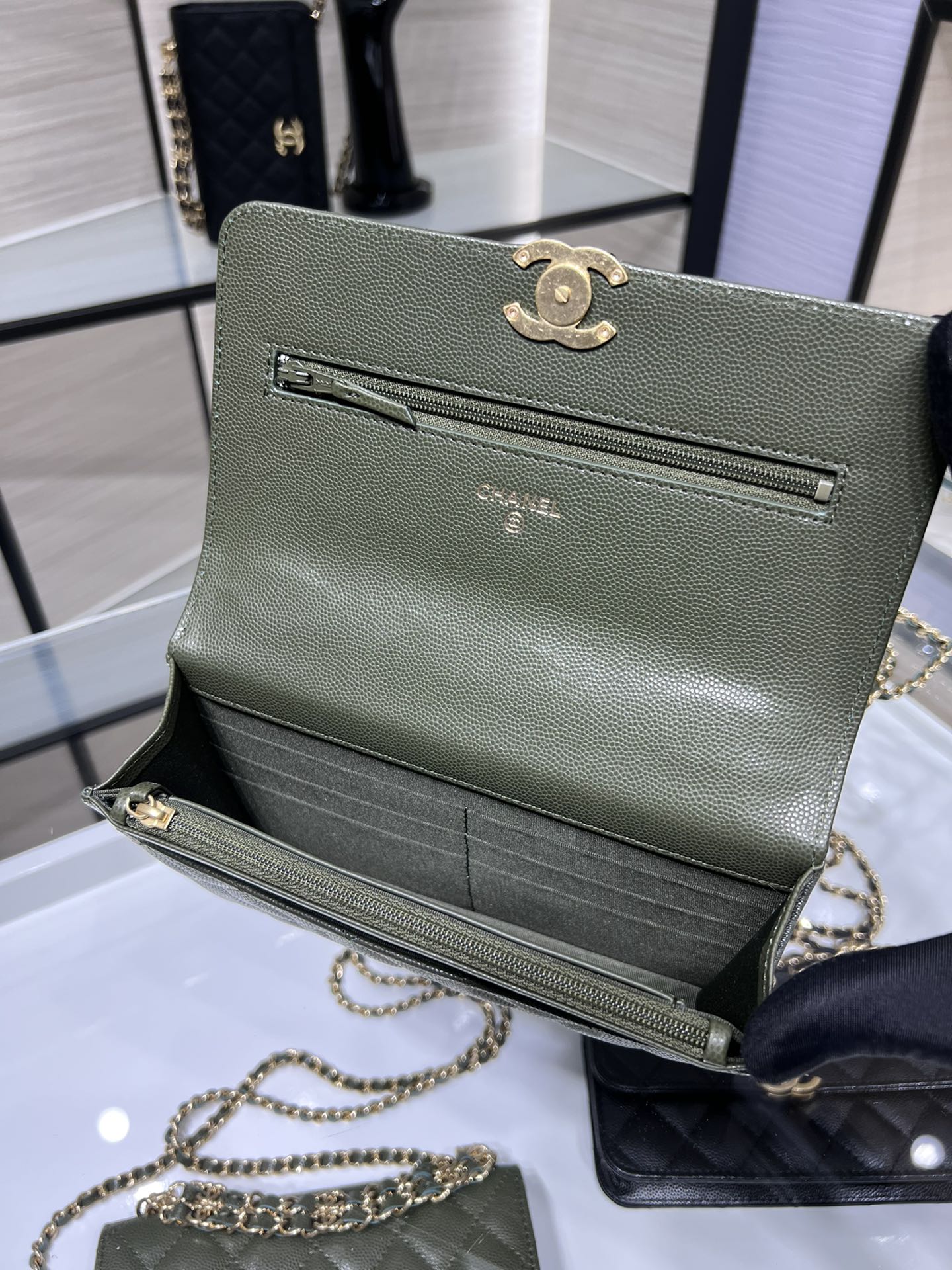 【P1280】广州白云皮具城 Chanel香奈儿22K双链手拎斜挎WOC空姐包 绿色