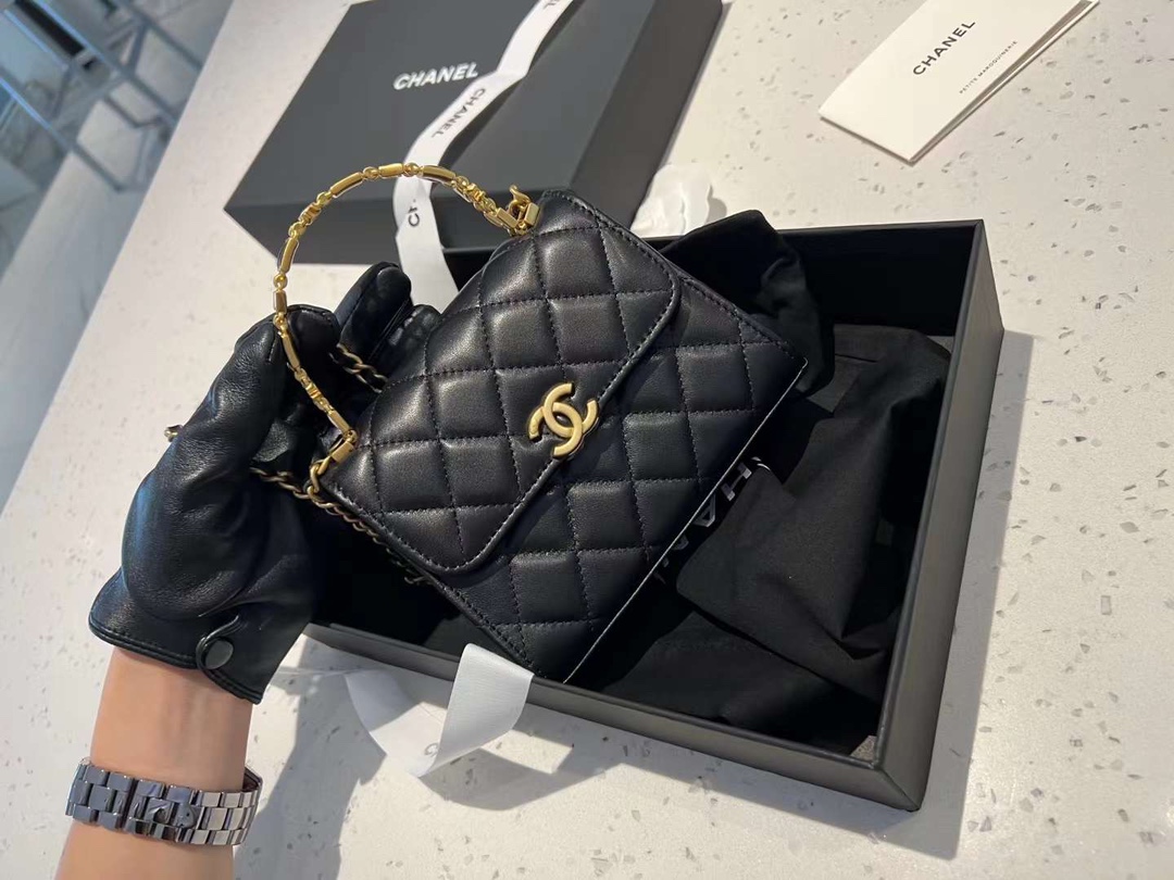 【P1170】Chanel包包官网 香奈儿黑色菱格纹羊皮珐琅手柄小号Kelly包手提包