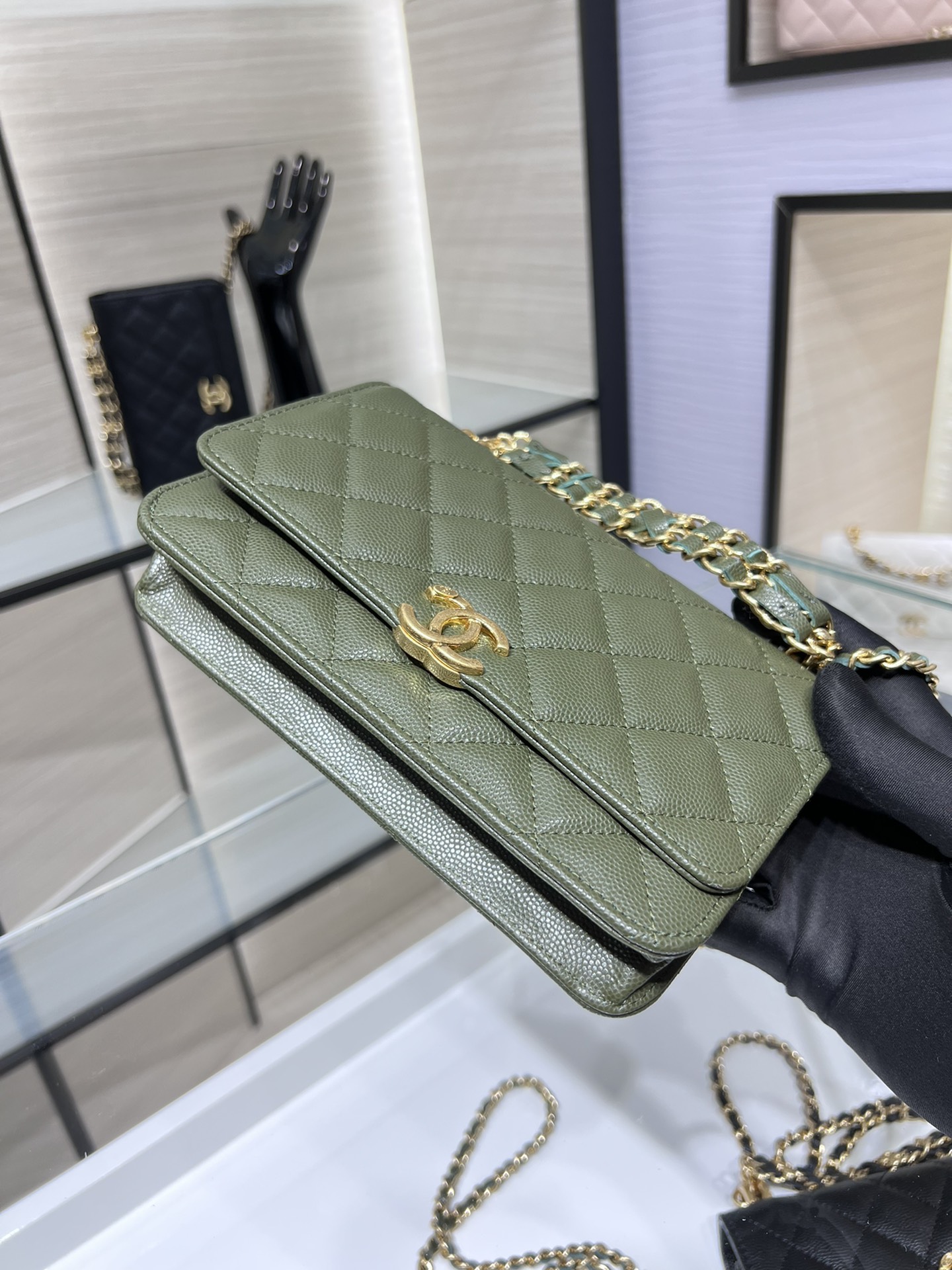 【P1280】广州白云皮具城 Chanel香奈儿22K双链手拎斜挎WOC空姐包 绿色