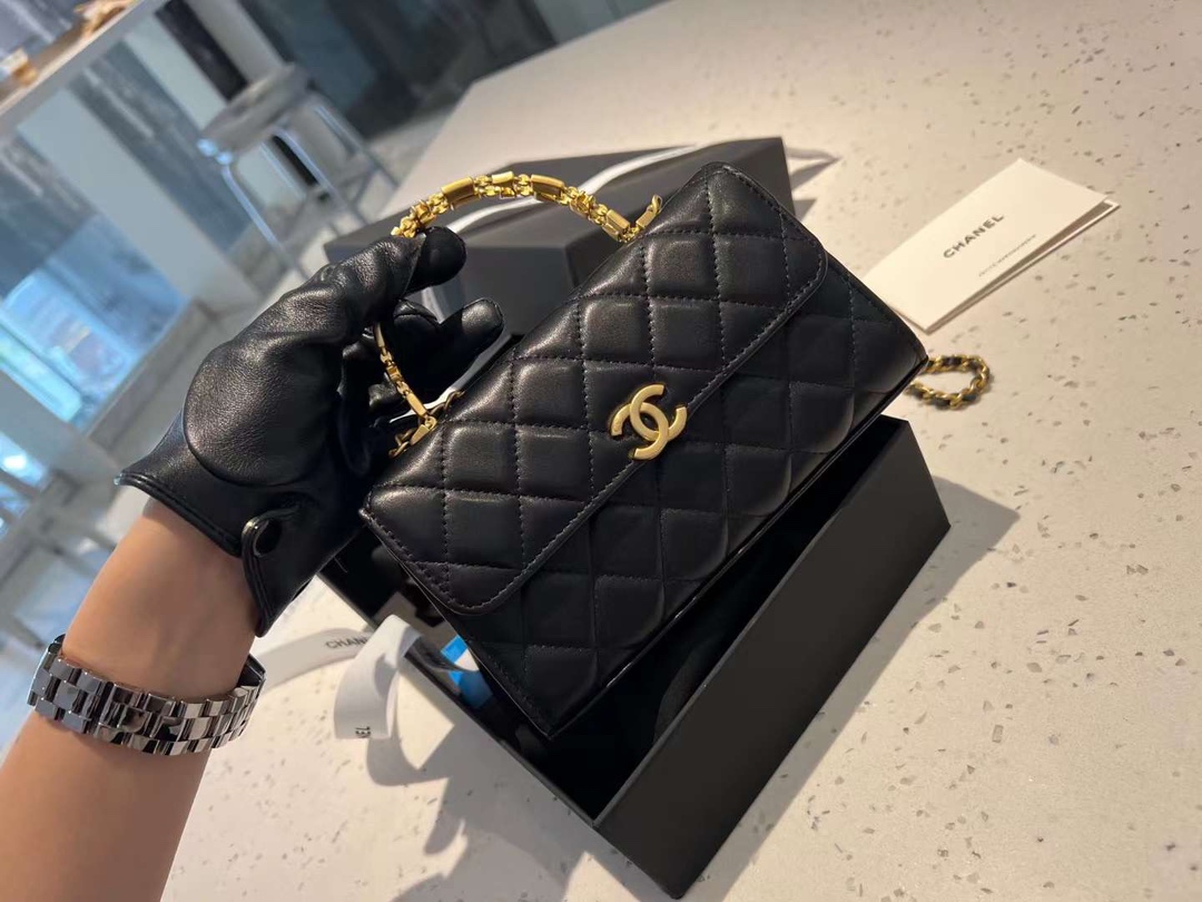 【P1280】Chanel女包价格 香奈儿2022新款羊皮菱格纹珐琅手柄Kelly包中号 黑色
