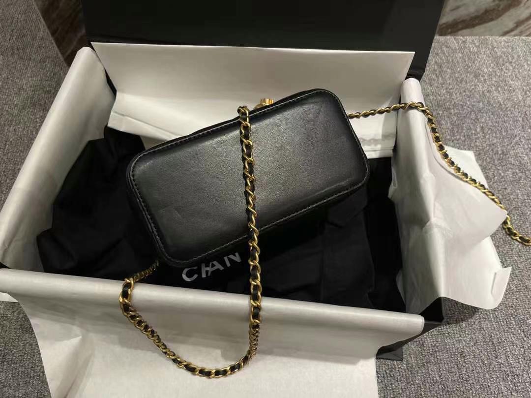【P1170】一件代发 Chanel香奈儿黑色菱格羊皮核桃金球链条斜挎盒子包大号