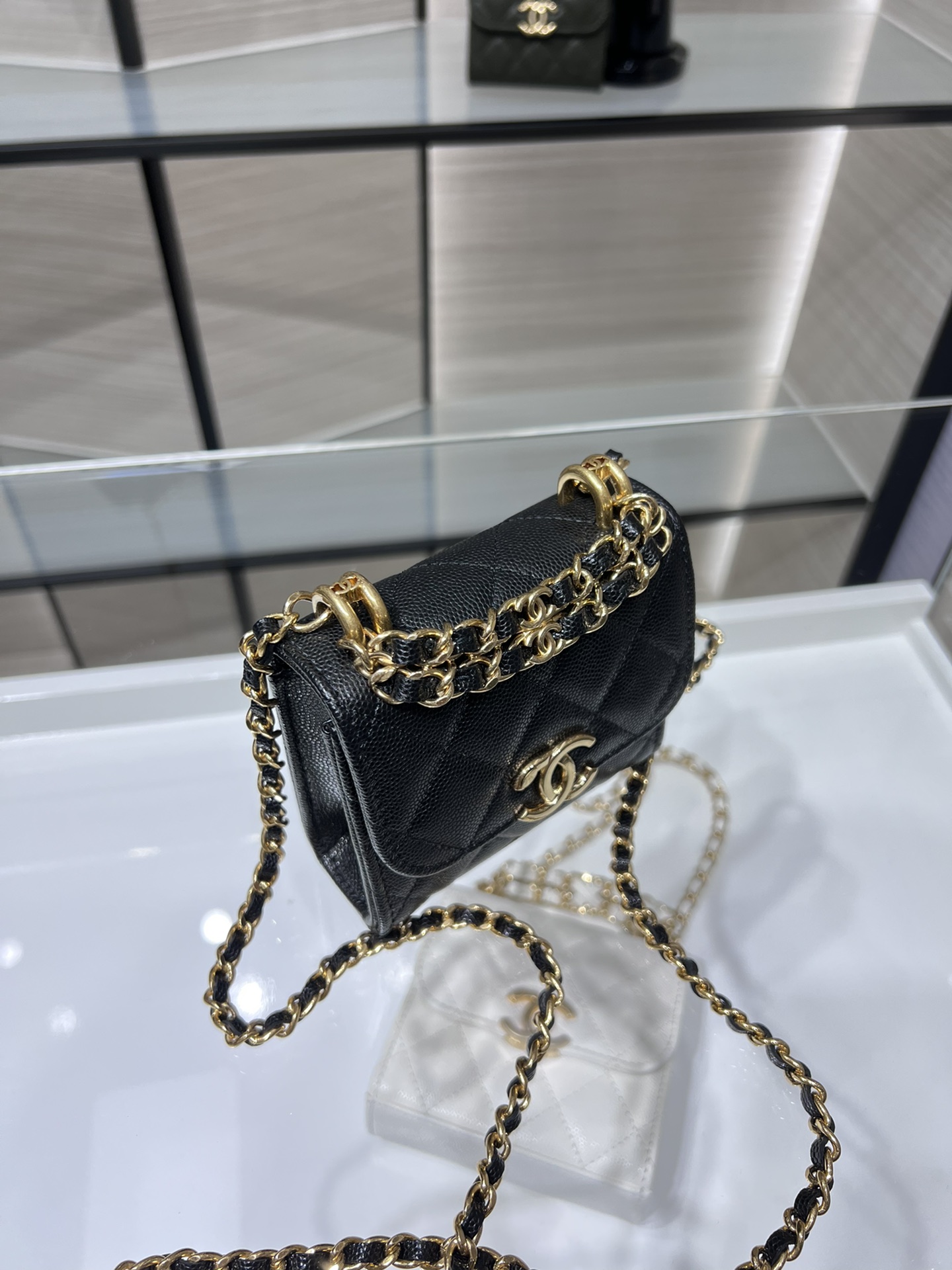 【P1170】一件代发 Chanel香奈儿新款菱格鱼子酱皮22K双链斜挎零钱包 黑色