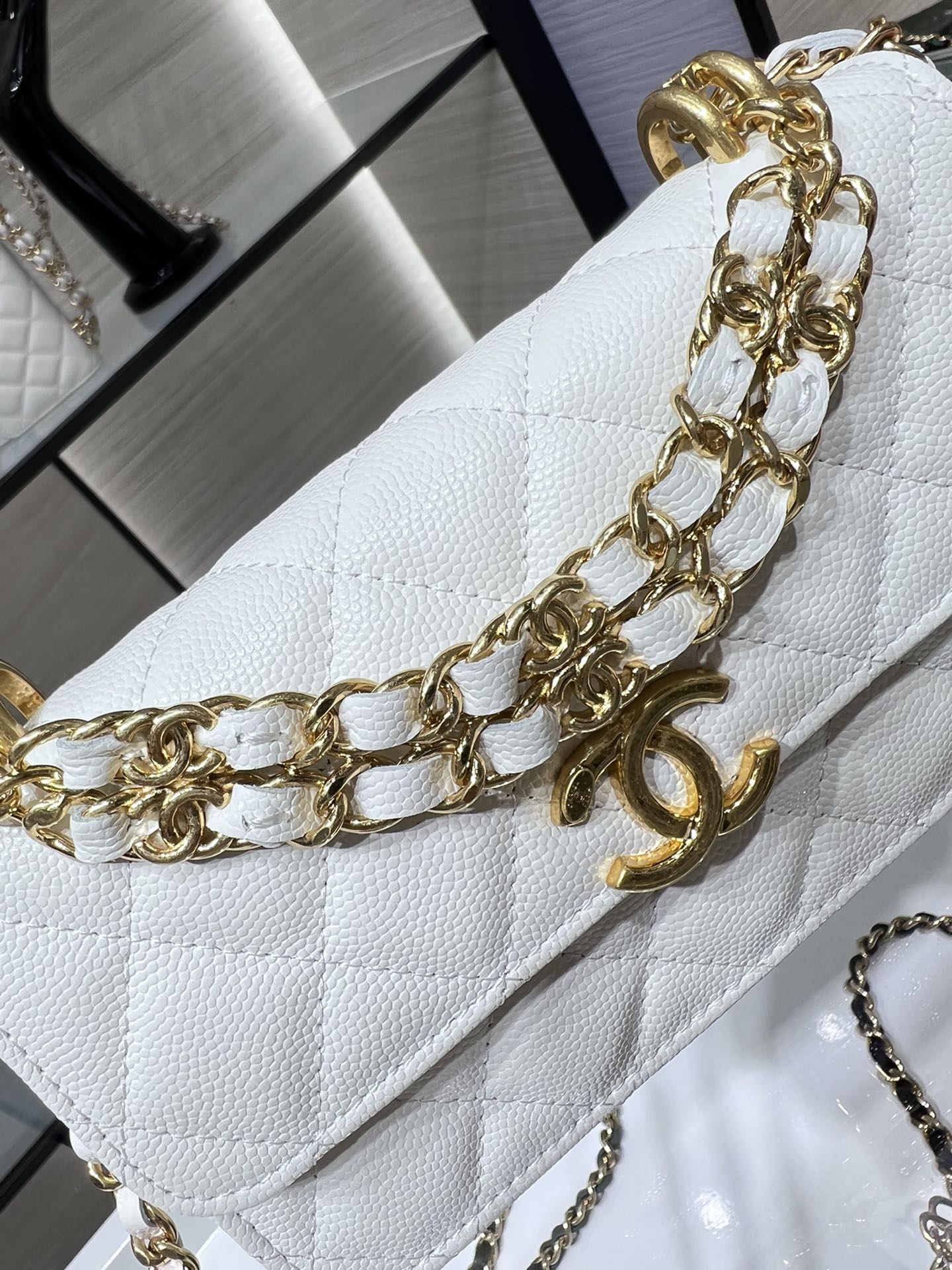 【P1170】厂家直销 Chanel香奈儿白色进口球纹牛皮22K双链手机包链条斜挎包