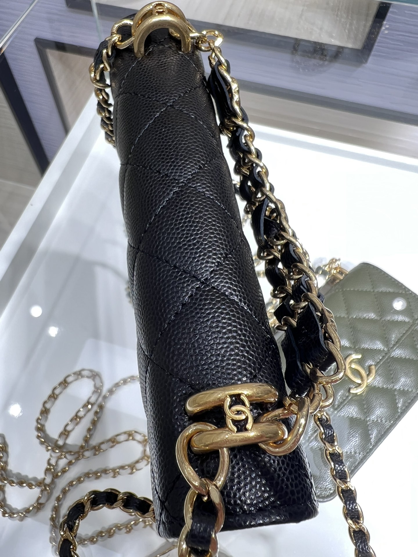 【P1170】香奈儿女包批发 Chanel黑色鱼子酱皮22K双链手机包斜挎包