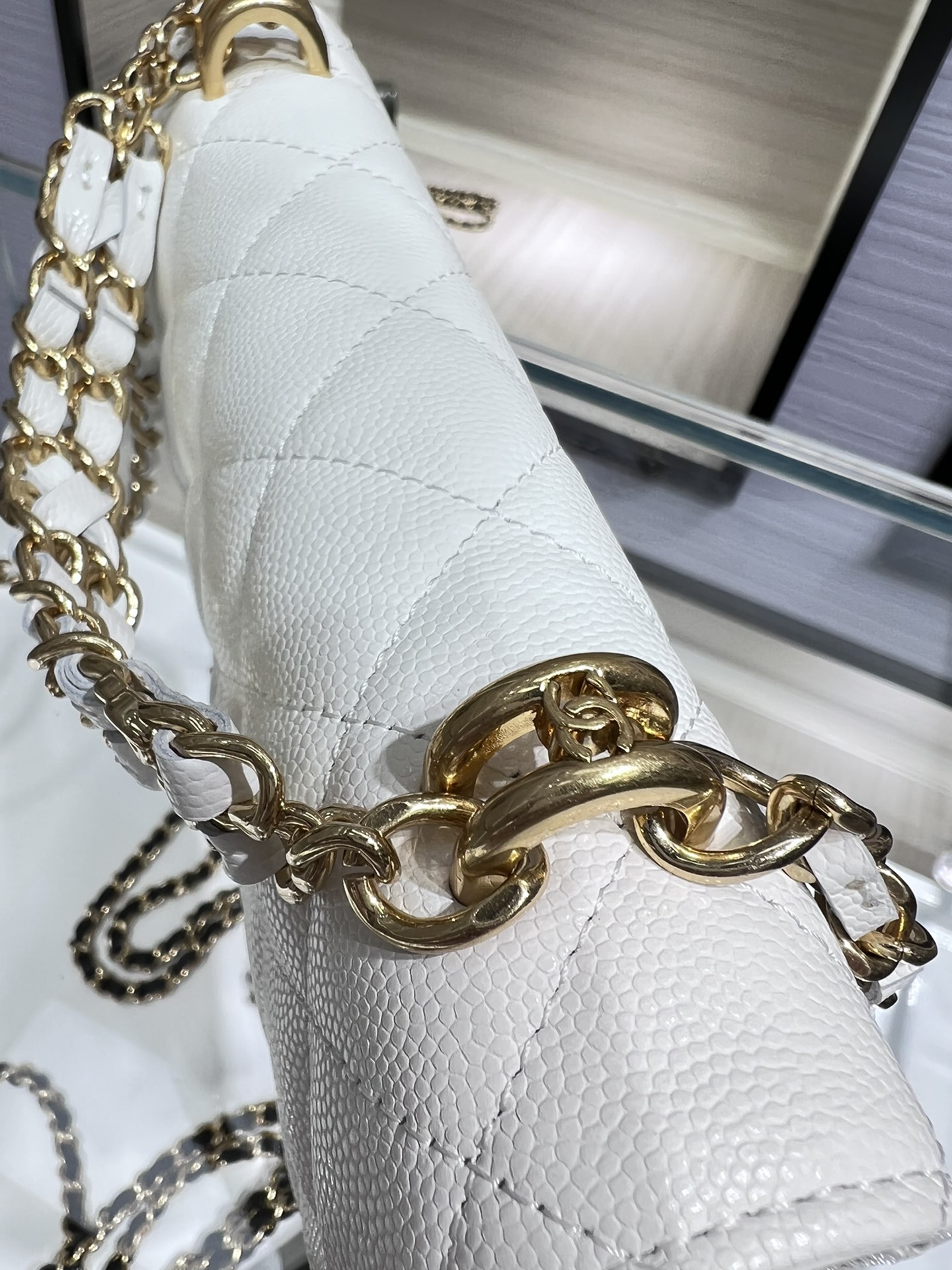 【P1280】Chanel女包批发 香奈儿白色鱼子酱皮22K双链Woc空姐包斜挎包