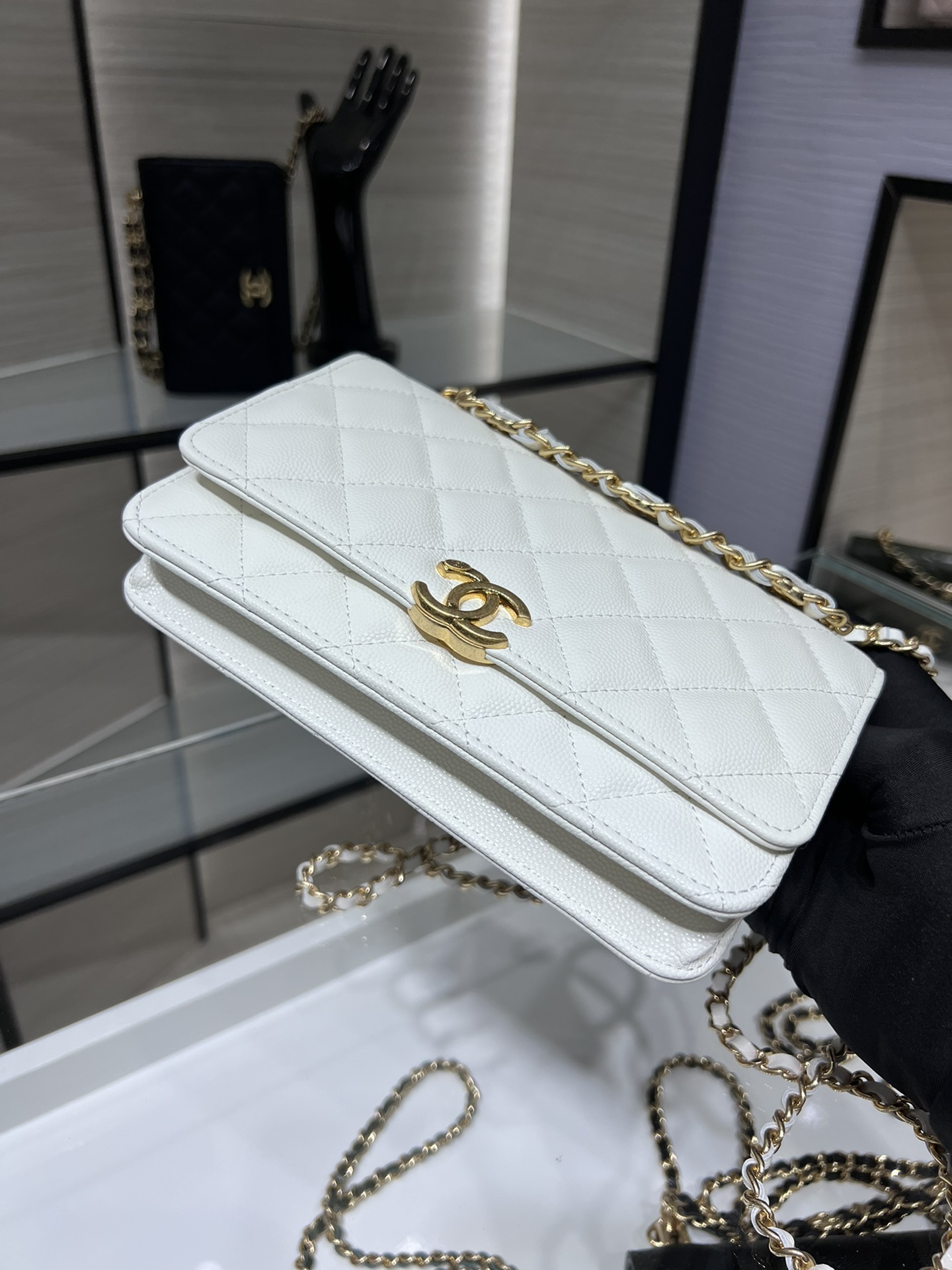 【P1280】Chanel女包批发 香奈儿白色鱼子酱皮22K双链Woc空姐包斜挎包