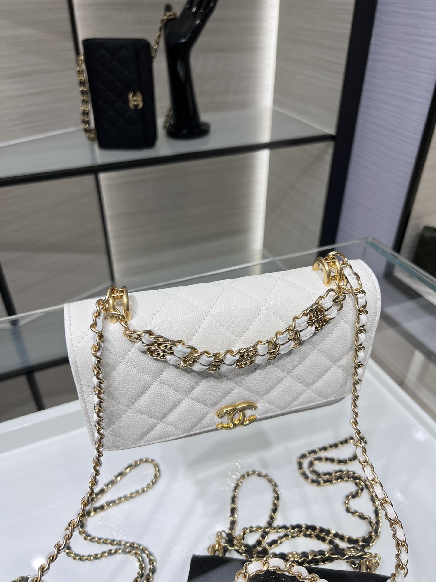 【P1280】Chanel女包批发 香奈儿白色鱼子酱皮22K双链Woc空姐包斜挎包