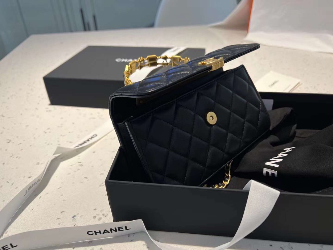 【P1280】Chanel女包价格 香奈儿2022新款羊皮菱格纹珐琅手柄Kelly包中号 黑色