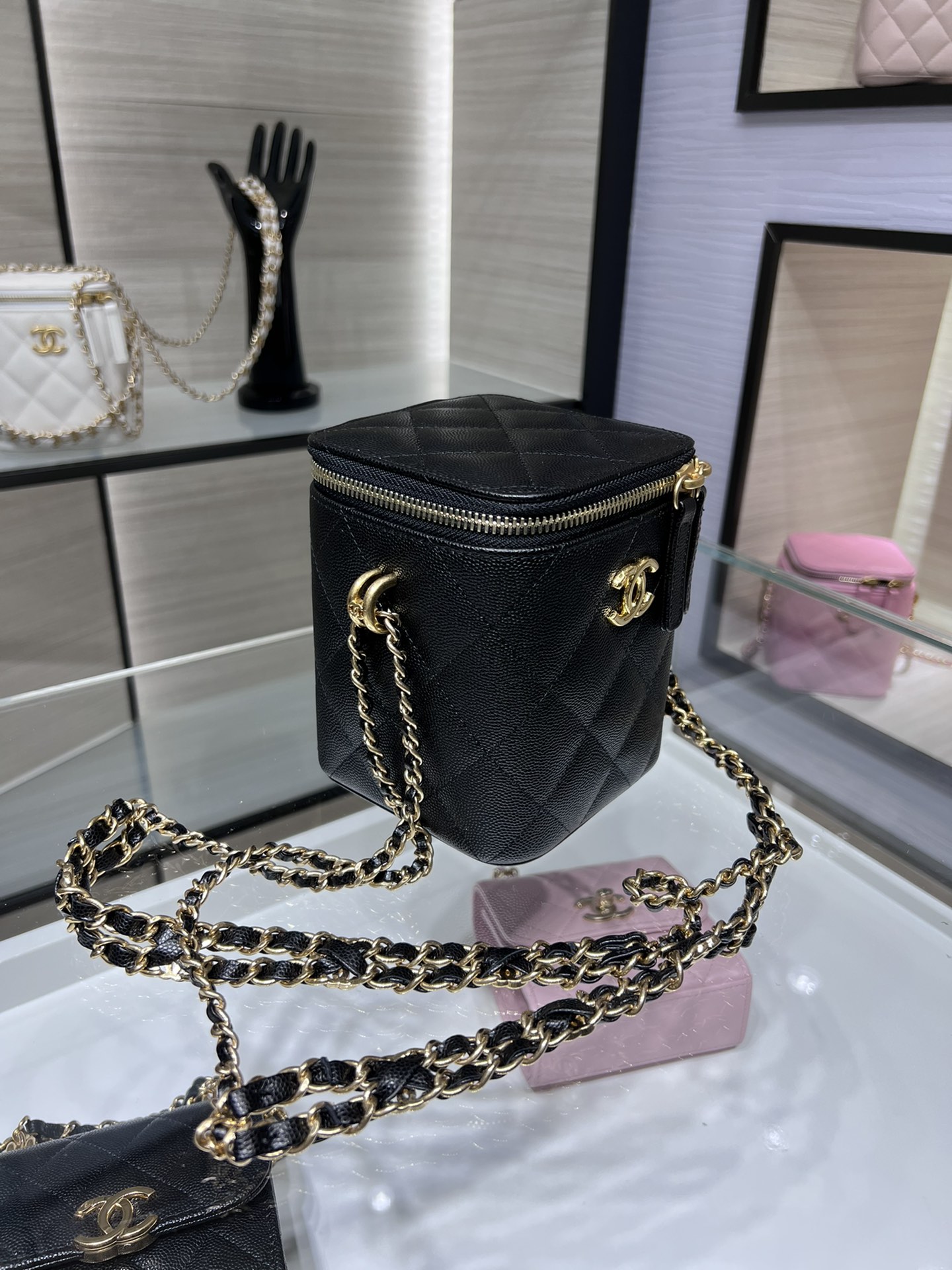 【P1430】Chanel女包价格 香奈儿黑色鱼子酱皮菱格双链方形盒子包斜挎包