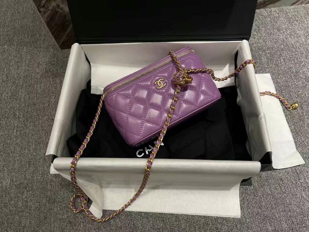 【P1170】广州白云皮具城 Chanel香奈儿紫色菱格纹羊皮核桃金球盒子包大号