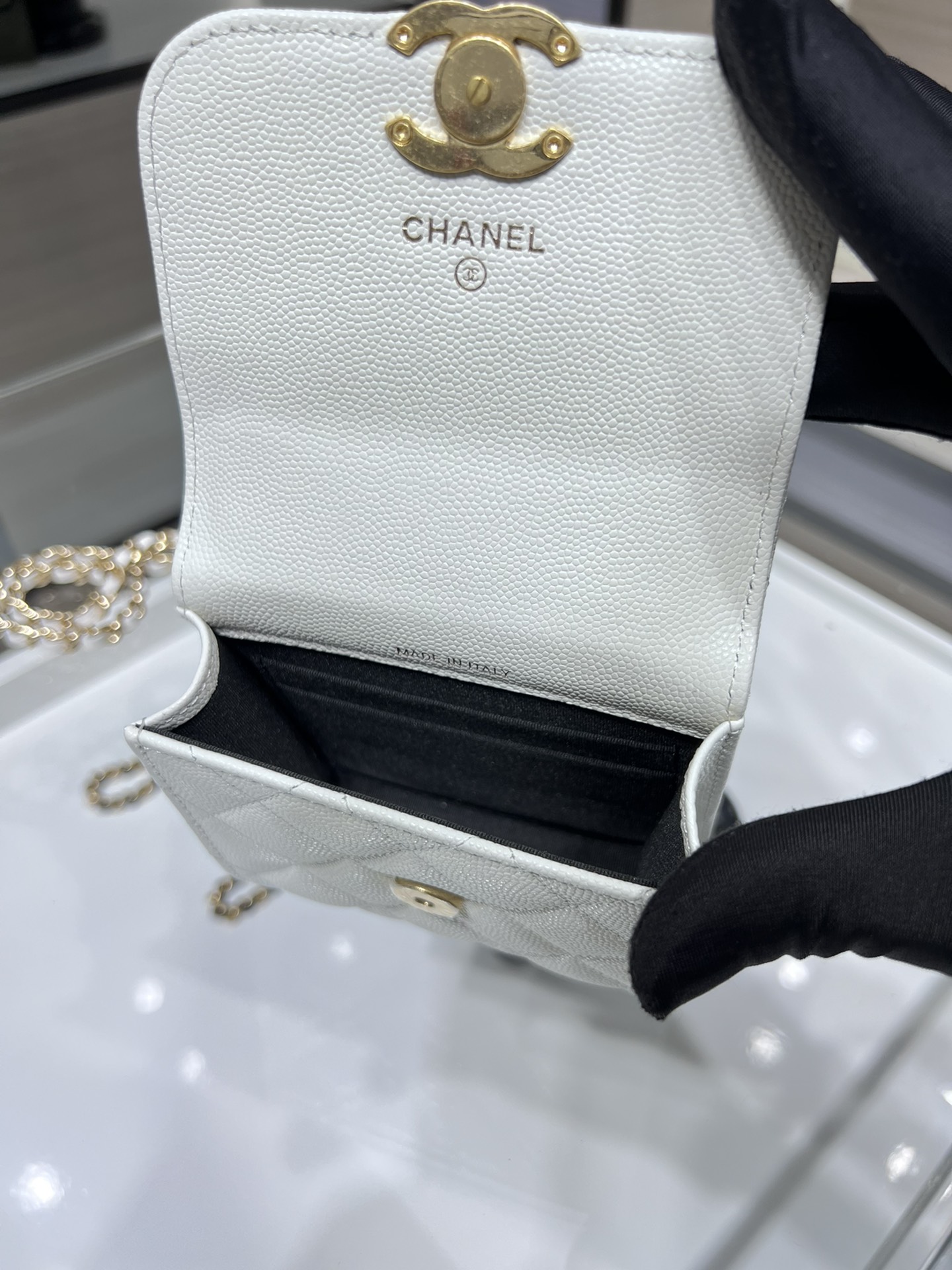 【P1170】Chanel包包价格 香奈儿白色鱼子酱皮22K双链零钱包卡包11CM