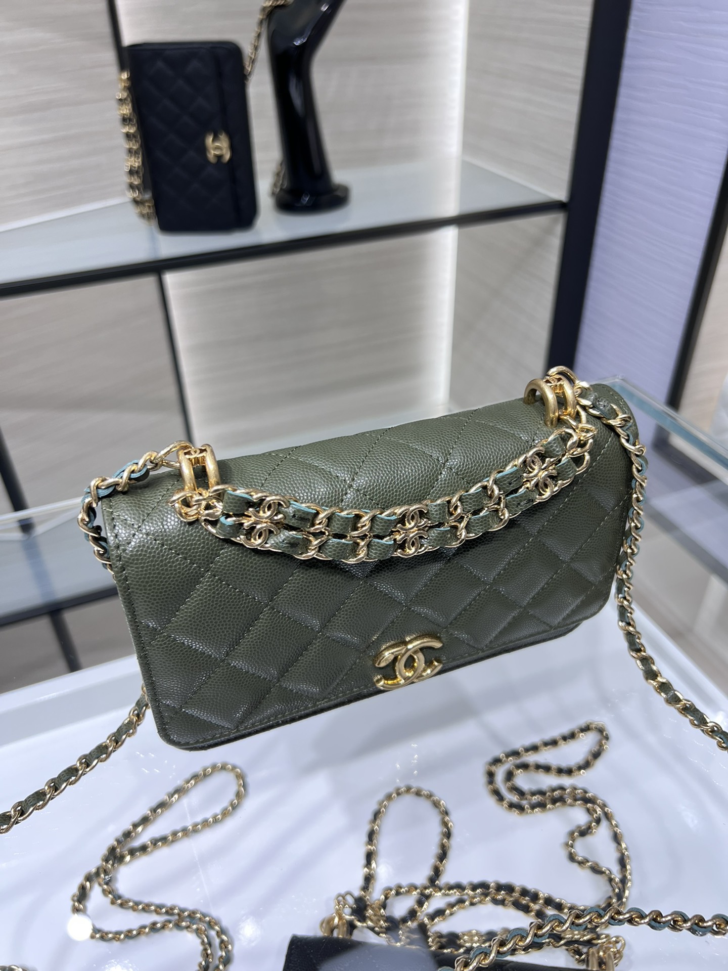 【P1280】广州白云皮具城 Chanel香奈儿22K双链手拎斜挎WOC空姐包 绿色
