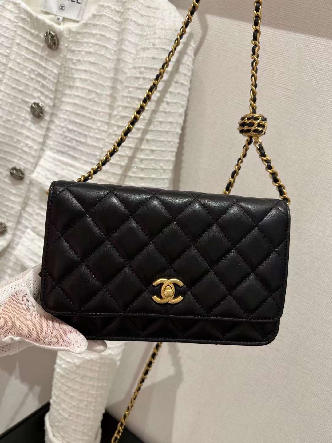 【P1020】香奈儿包包官网 Chanel黑色菱格羊皮金球链条Woc空姐包斜挎包