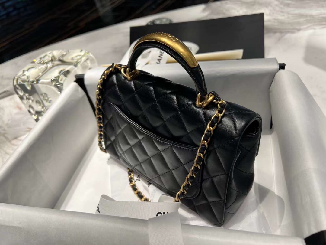 【P1880】Chanel Mini CF 香奈儿黑色进口羊皮金属手柄链条斜挎手提包 做旧五金