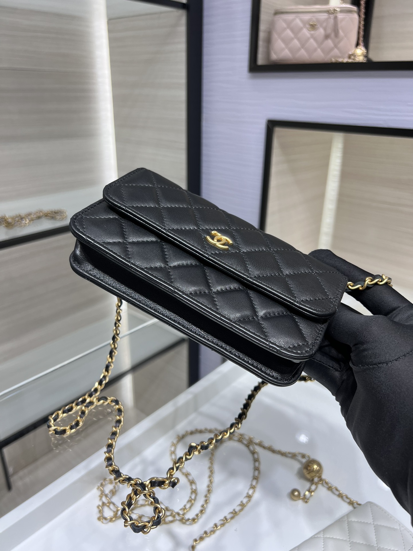 【P1170】Chanel包包官网 香奈儿2022新款黑色进口羊皮可调节链条手机包单肩包