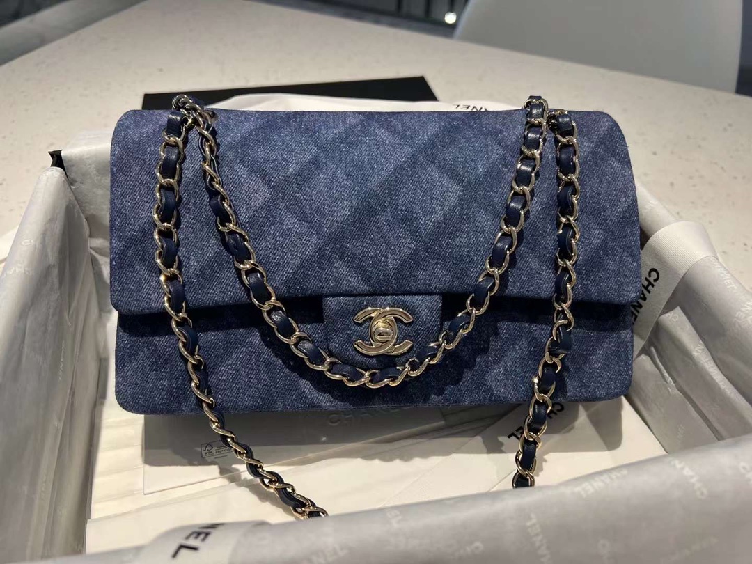 【P2180】Chanel CF25CM 香奈儿牛仔复古风链条单肩斜挎包 淡金色五金