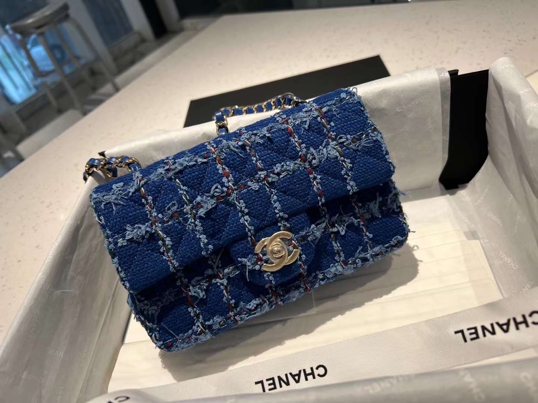 【¥1580】广州包包批发 Chanel香奈儿蓝色粗花呢链条Mini CF20CM斜挎女包