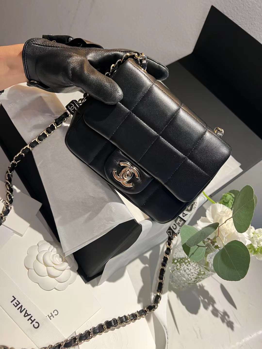 【P1880】Chanel 2023新款女包 香奈儿骰子链条方胖子正方格单肩斜挎包 黑色