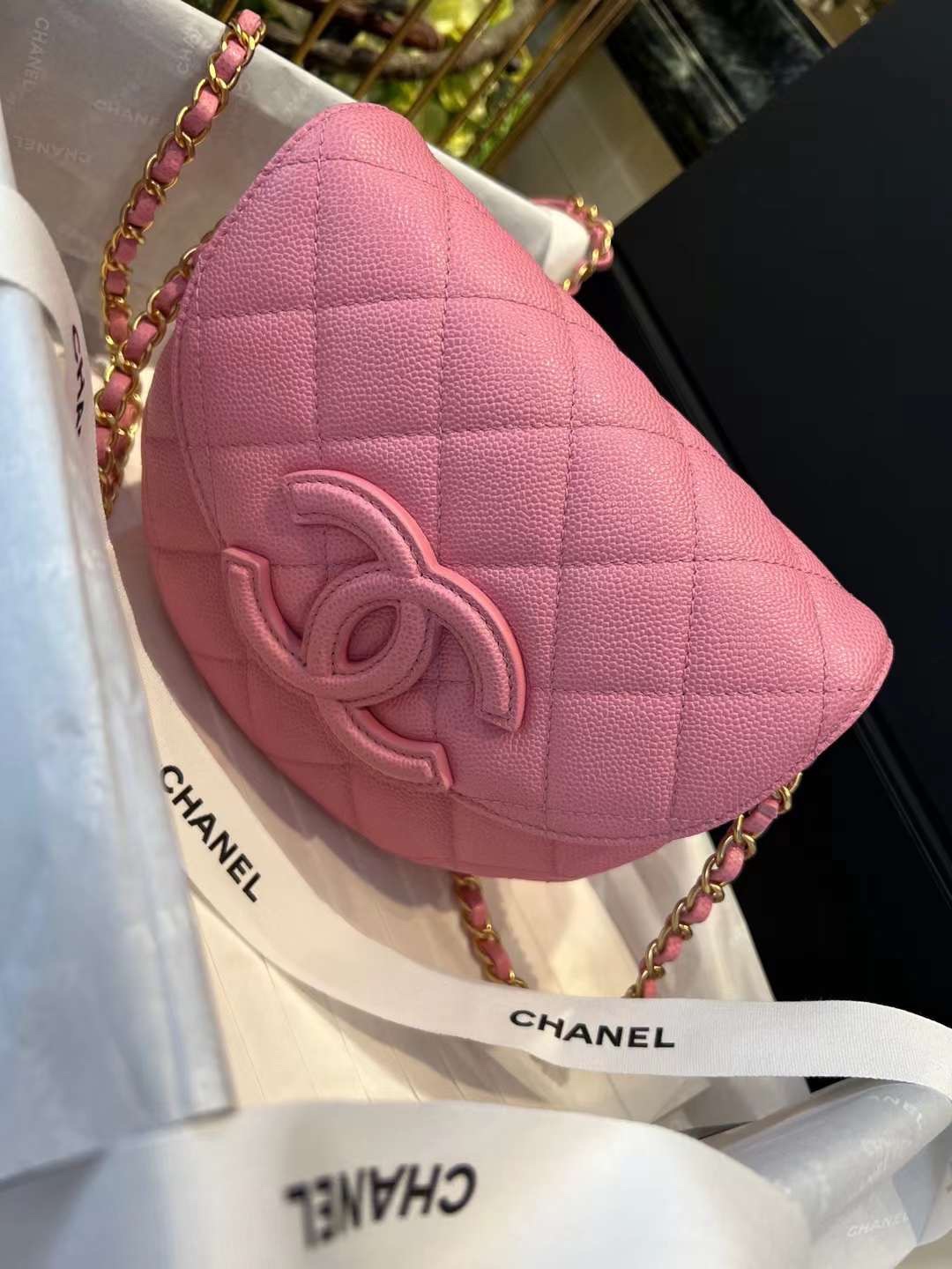 【P1880】Chanel女包批发 香奈儿2023新款大logo半月马鞍包口盖包 粉色