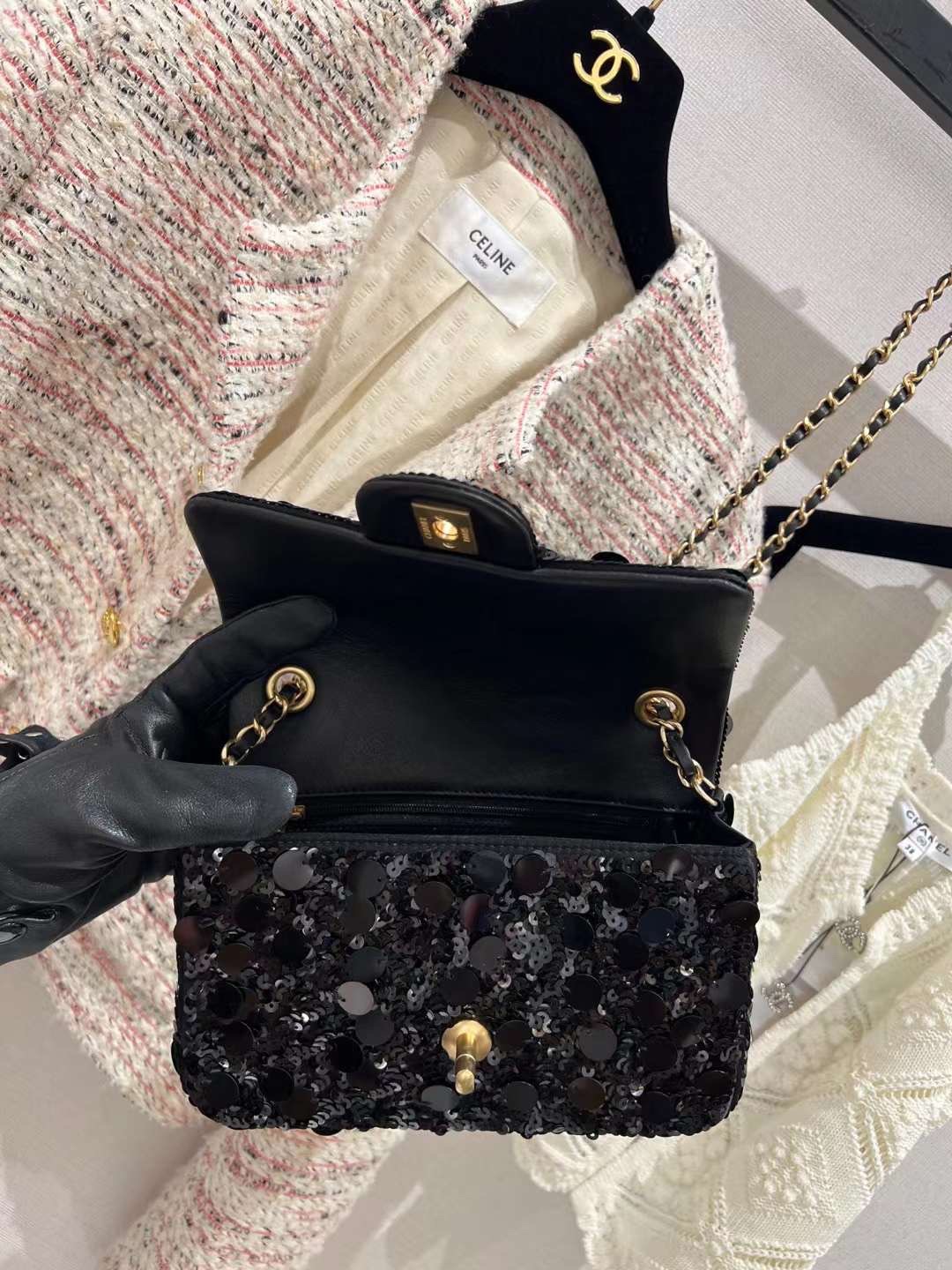 【P1580】Chanel2023新款包包 香奈儿黑色亮片CF女包链条单肩斜挎包