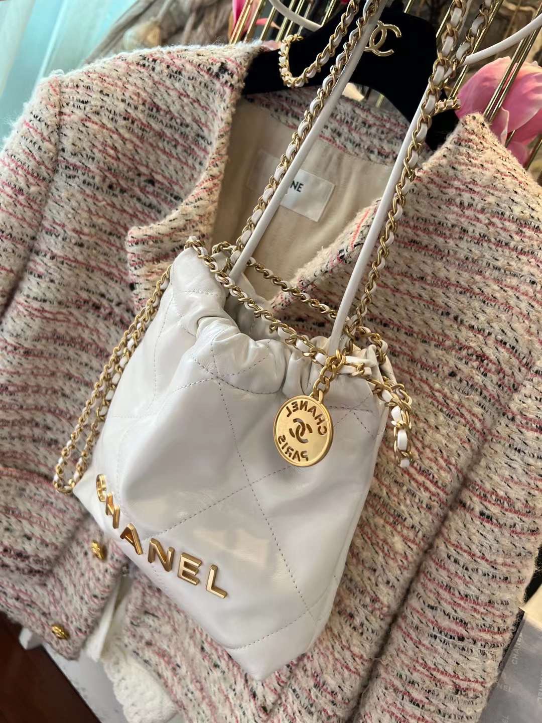 【P1880】Chanel 22Bag迷你款 香奈儿23春夏新款链条单肩斜挎包20CM 白色