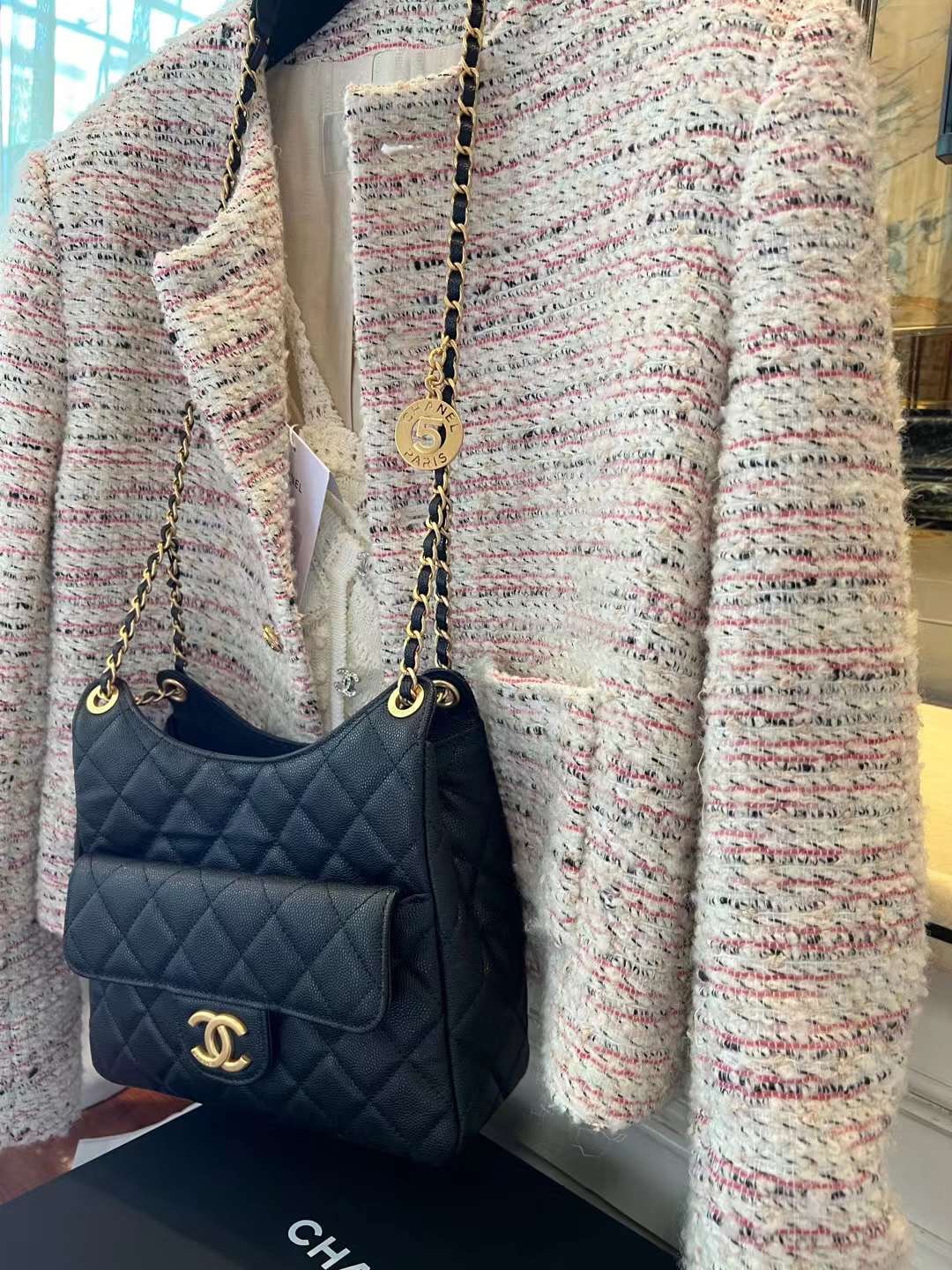 【P1620】Chanel Hobo 香奈儿爆款鱼子酱皮天猫精灵包单肩斜挎女包 黑色