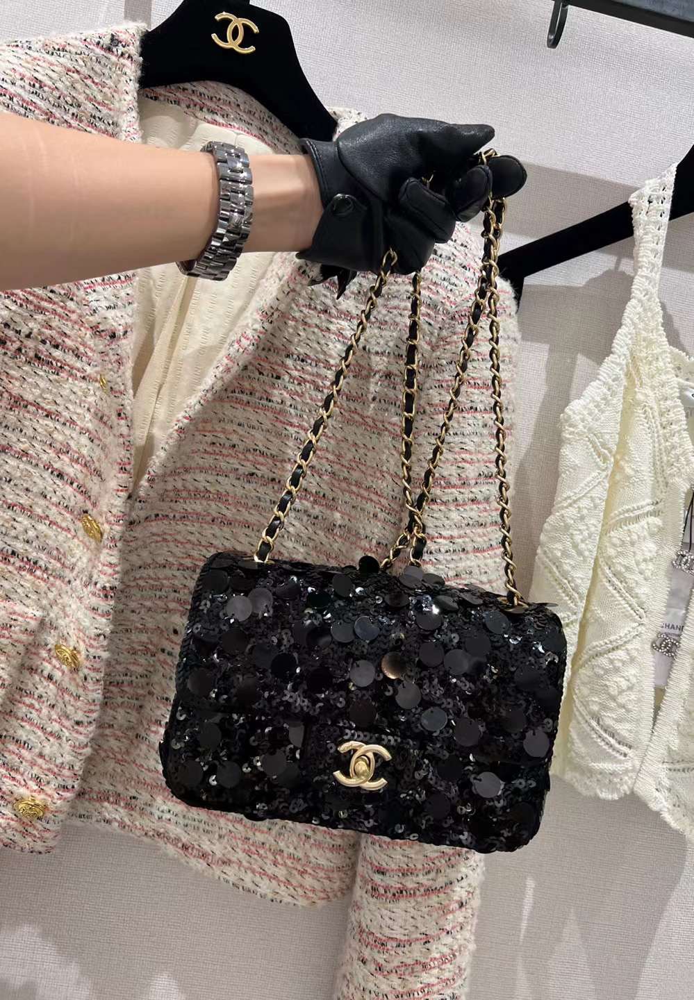【P1580】香奈儿包包官网 Chanel新款黑色亮片链条单肩斜挎CF女包