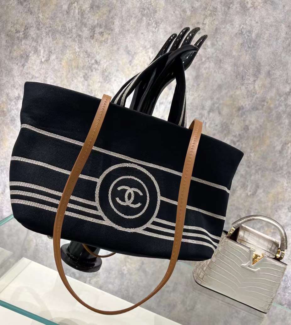 【P1280】CHANEL包包价格 香奈儿中古款条纹帆布手提单肩购物袋妈咪包