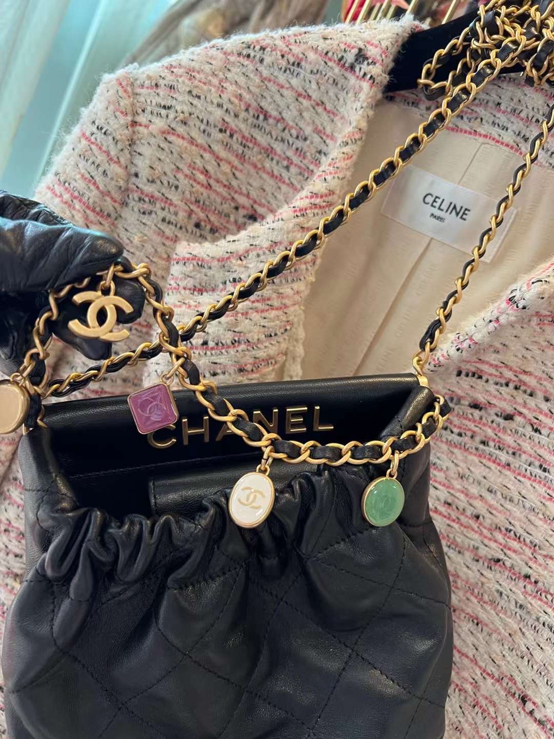 【P1880】香奈儿2023新款女包 Chanel菱格纹羊皮迷你福袋包链条斜挎包 黑色
