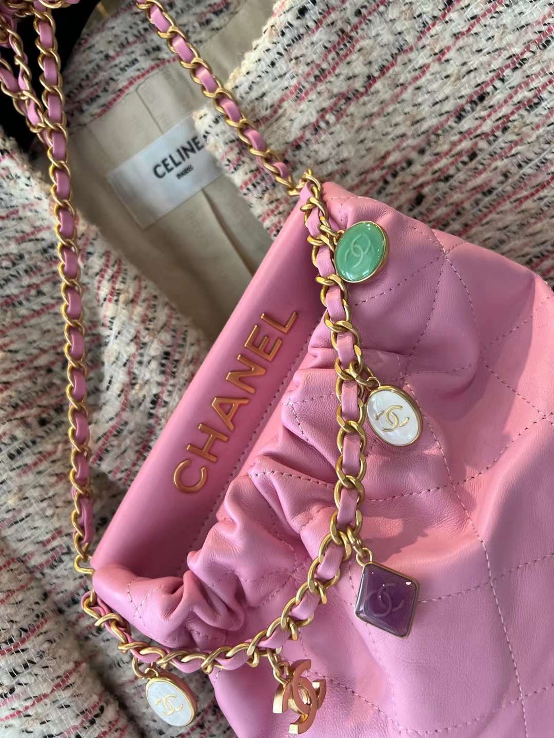【P1880】Chanel Mini Bag 香奈儿23年新款粉色羊皮福袋包迷你水桶包