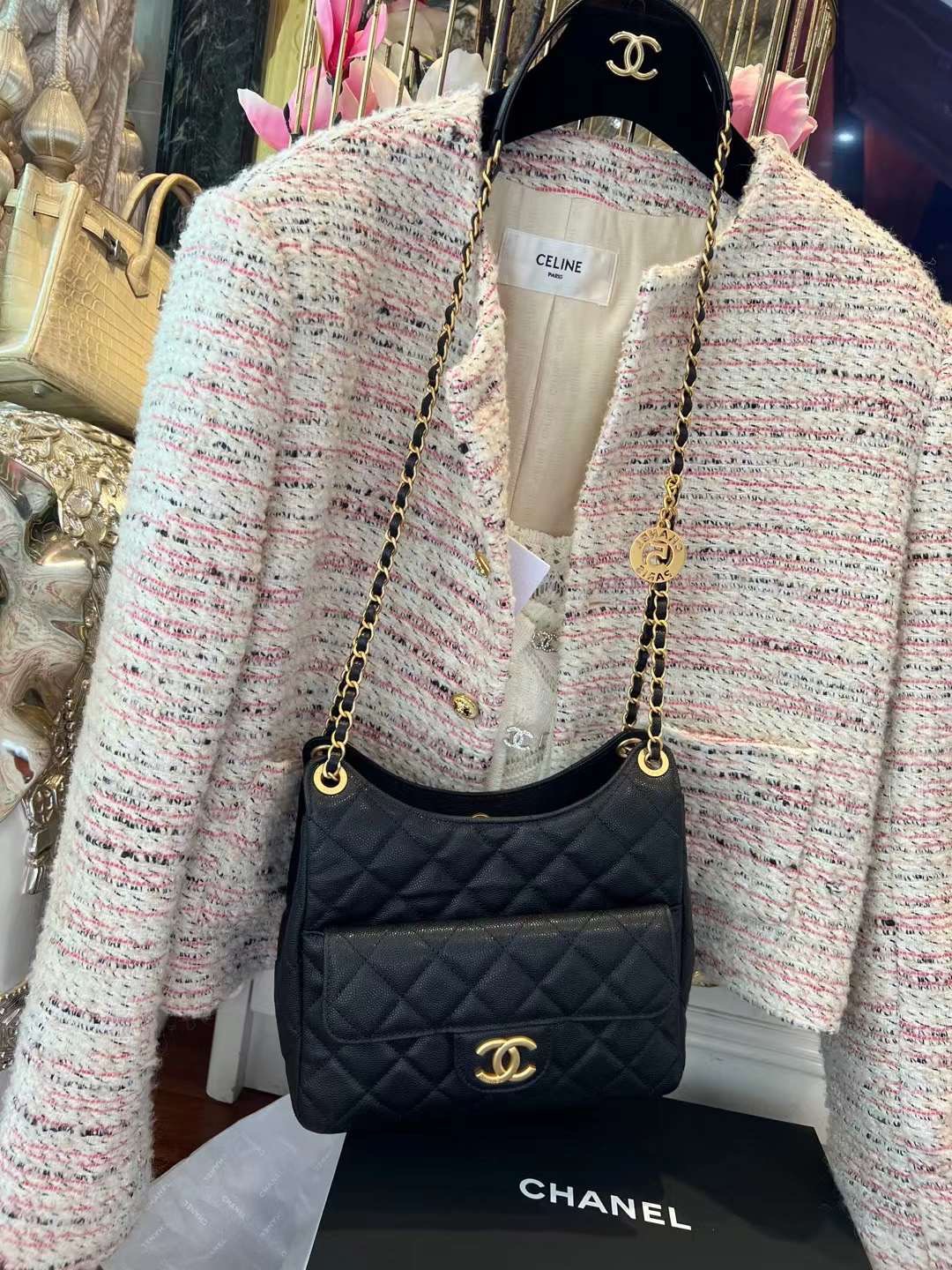 【P1620】Chanel Hobo 香奈儿爆款鱼子酱皮天猫精灵包单肩斜挎女包 黑色
