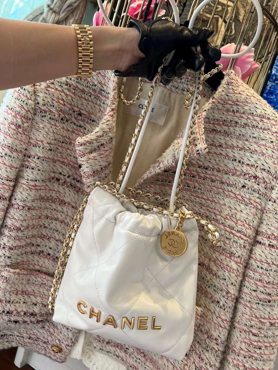 【P1880】Chanel 22Bag迷你款 香奈儿23春夏新款链条单肩斜挎包20CM 白色