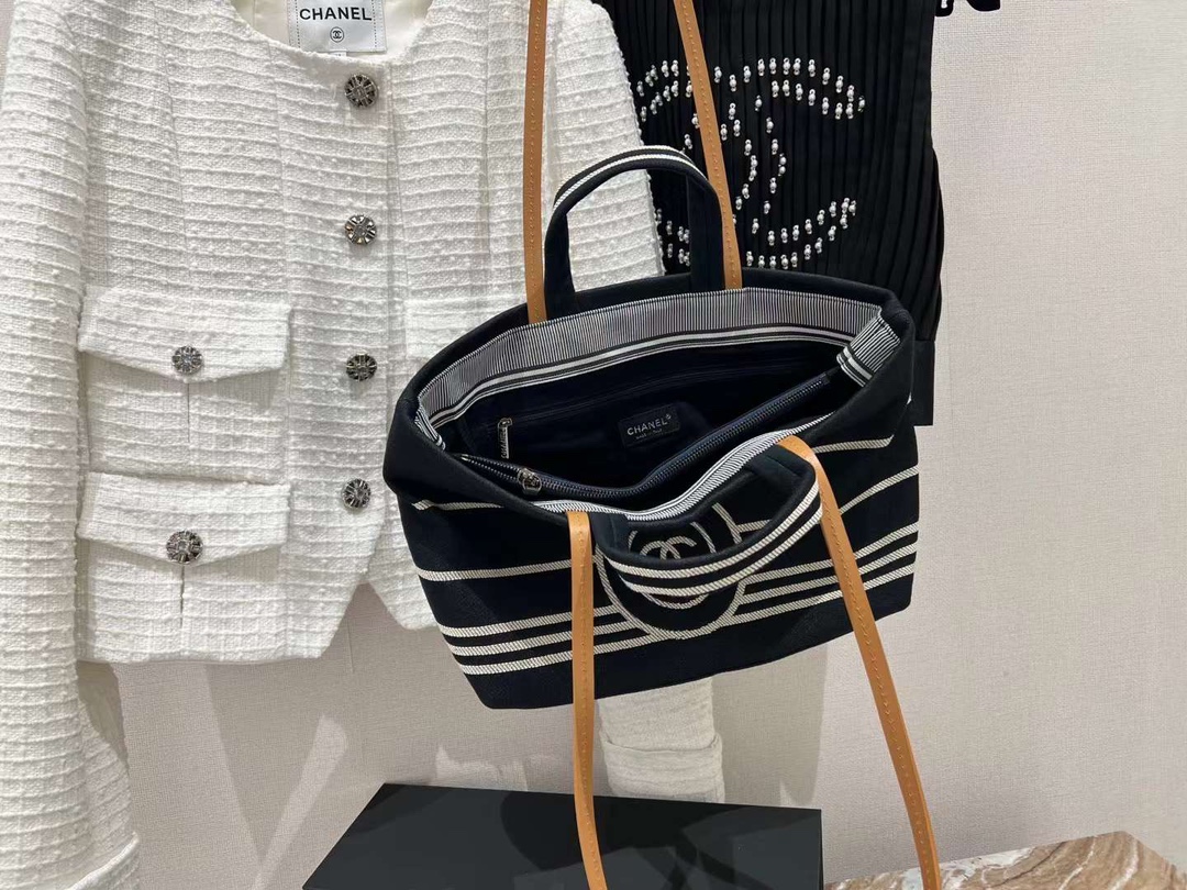 【P1280】CHANEL包包价格 香奈儿中古款条纹帆布手提单肩购物袋妈咪包