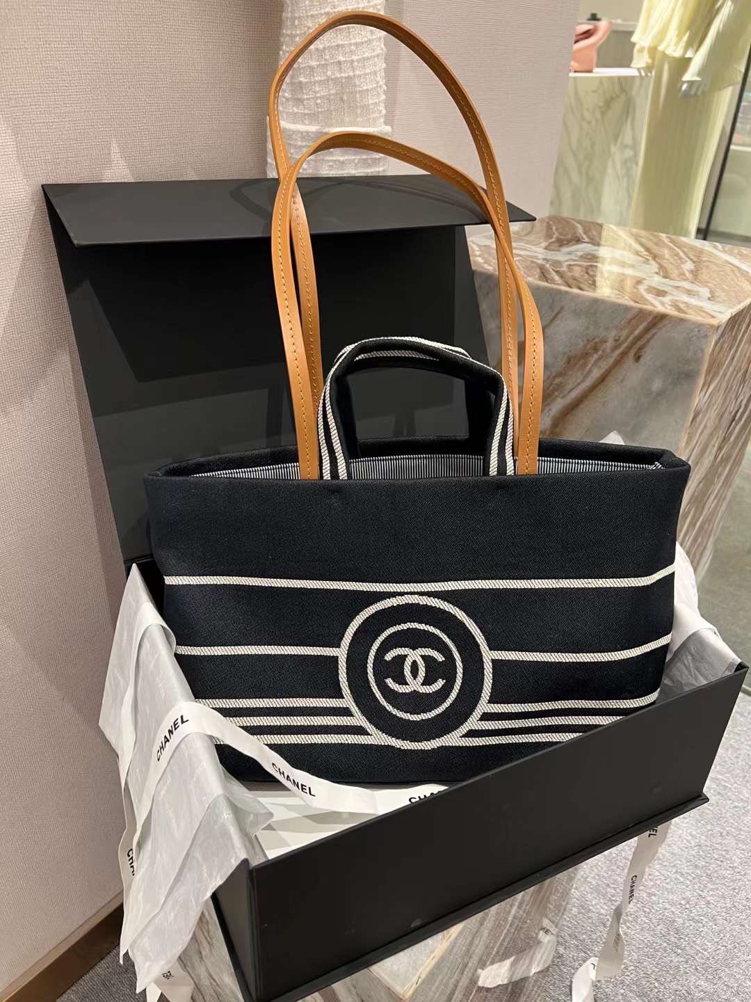 【P1280】CHANEL包包价格 香奈儿中古款条纹帆布手提单肩购物袋妈咪包