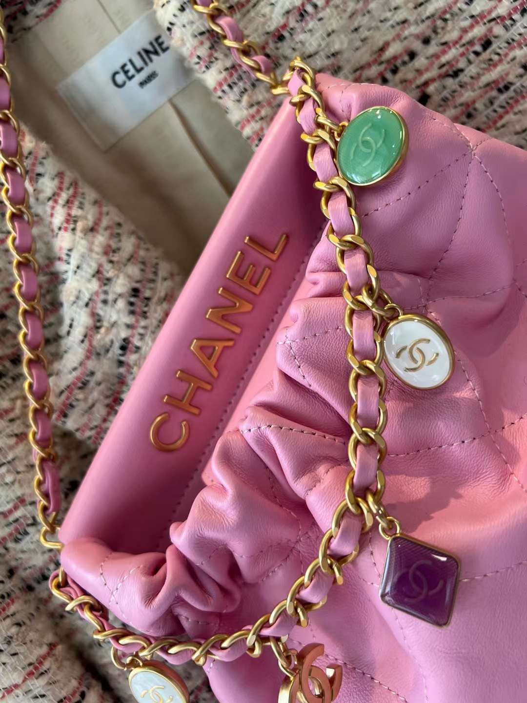 【P1880】Chanel Mini Bag 香奈儿23年新款粉色羊皮福袋包迷你水桶包