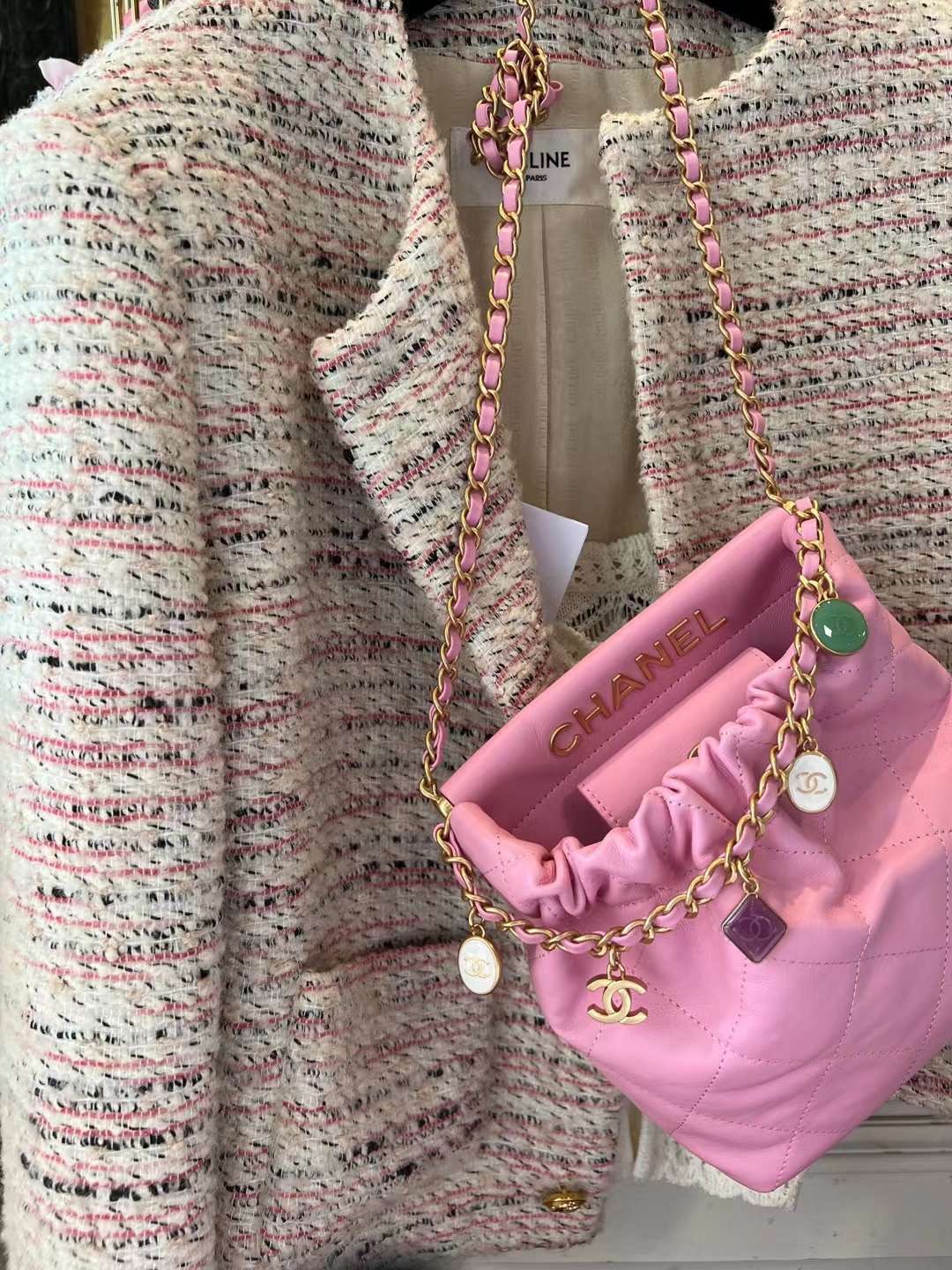 【P1880】Chanel Mini Bag 香奈儿23年新款粉色羊皮福袋包迷你水桶包