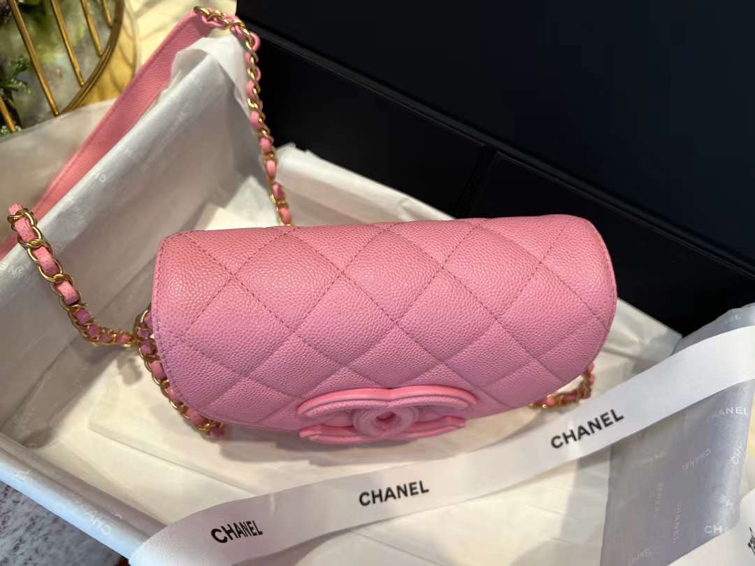 【P1880】Chanel女包批发 香奈儿2023新款大logo半月马鞍包口盖包 粉色