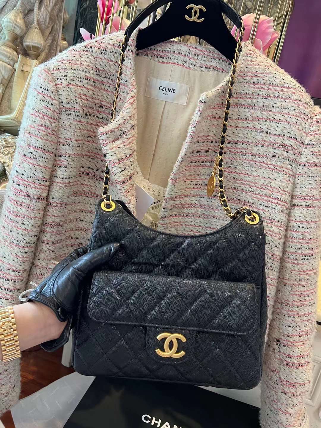 【P1620】Chanel Hobo 香奈儿爆款鱼子酱皮天猫精灵包单肩斜挎女包 黑色