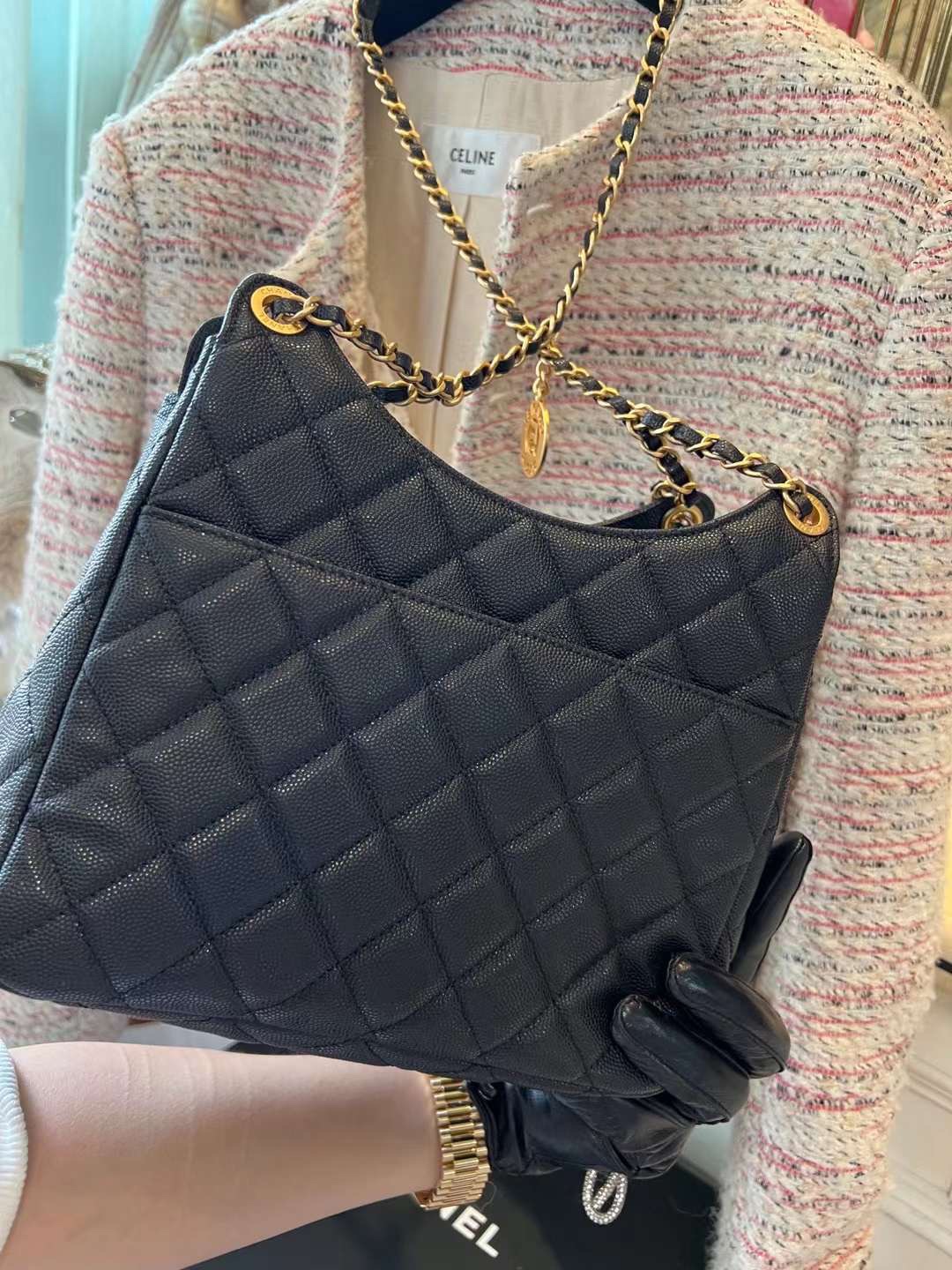 【P1620】Chanel Hobo 香奈儿爆款鱼子酱皮天猫精灵包单肩斜挎女包 黑色