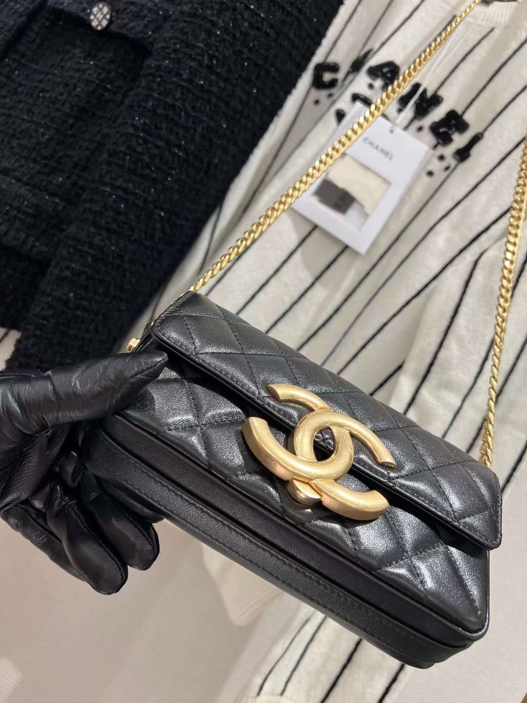 【P1580】Chanel23年新款包包 香奈儿黑色复古款大Logo链条手机包腋下包