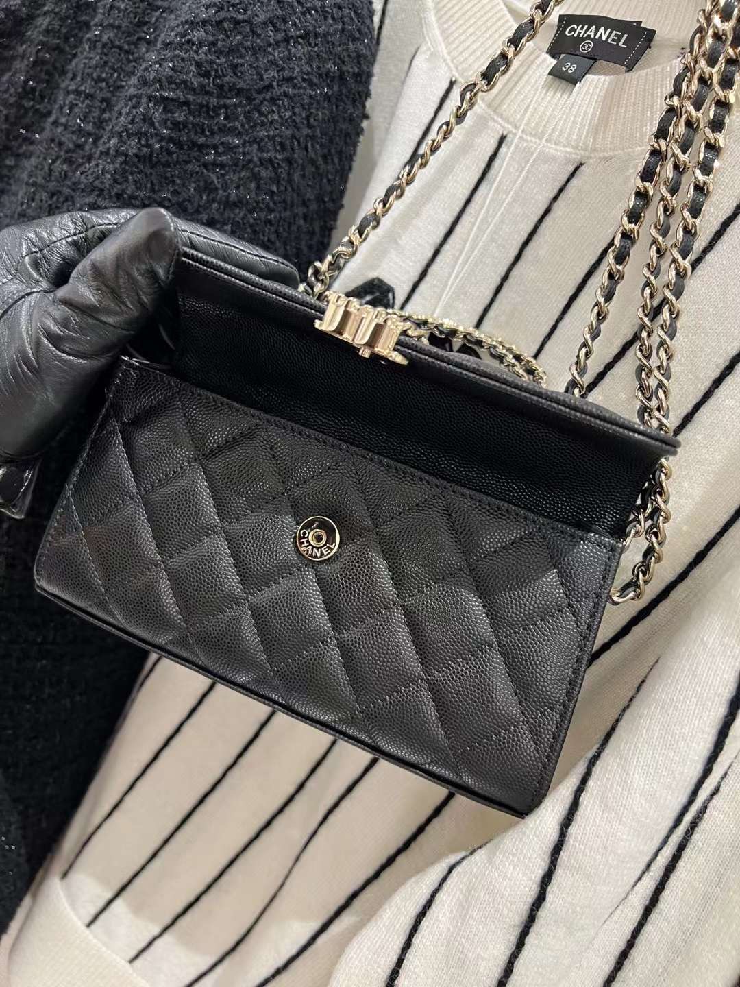 【P1280】一件代发 Chanel香奈儿进口荔枝纹牛皮链条斜挎手提女包18CM 黑色