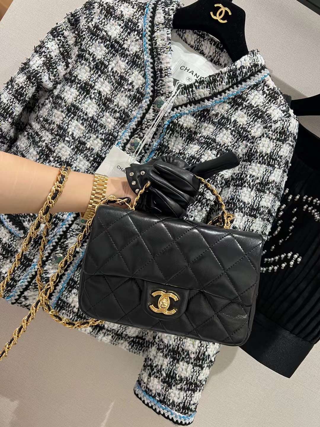 【P1880】Chanel Handle Classic 香奈儿黑色油蜡羊皮菱格手提斜挎女包