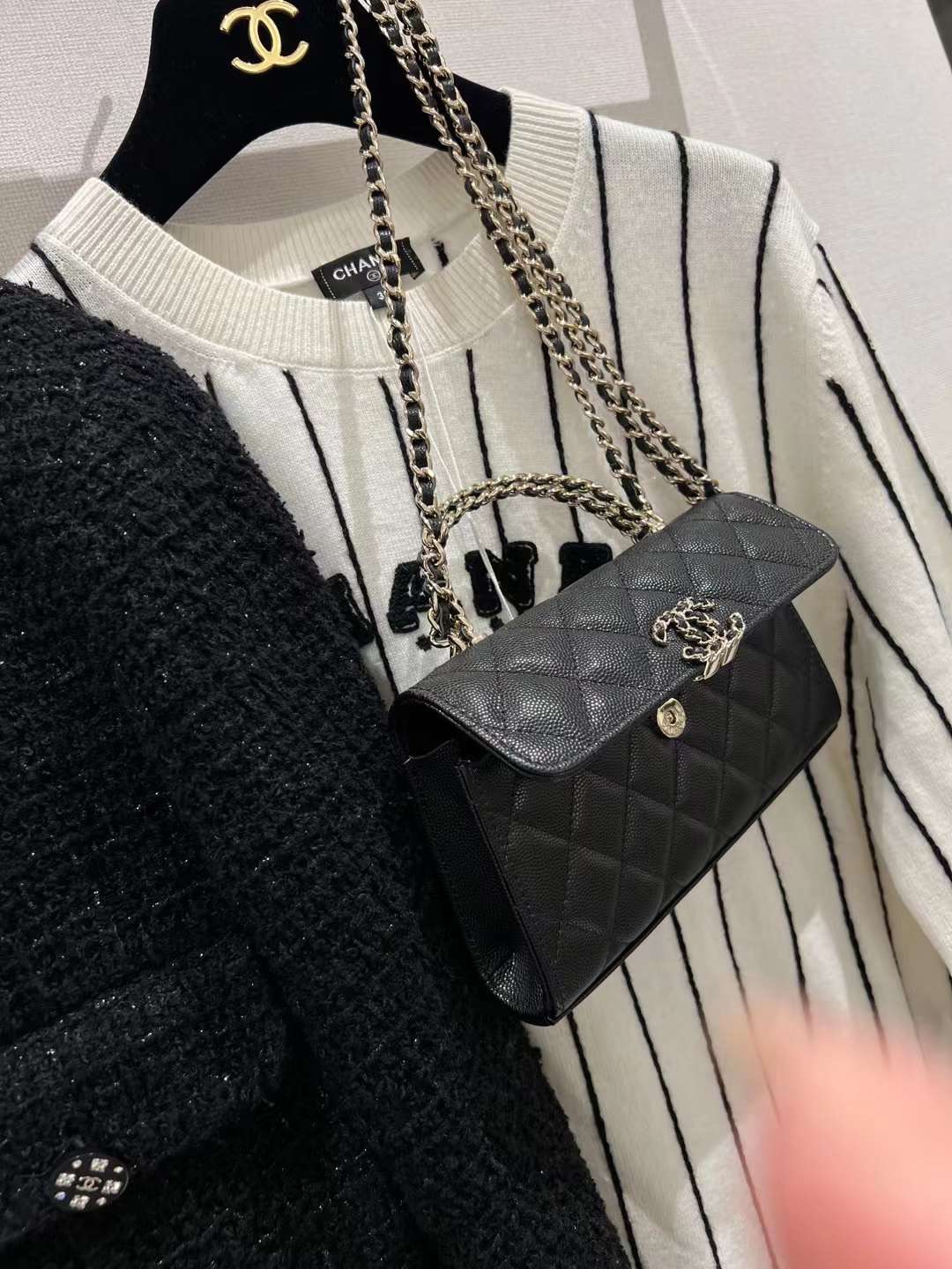 【P1280】一件代发 Chanel香奈儿进口荔枝纹牛皮链条斜挎手提女包18CM 黑色