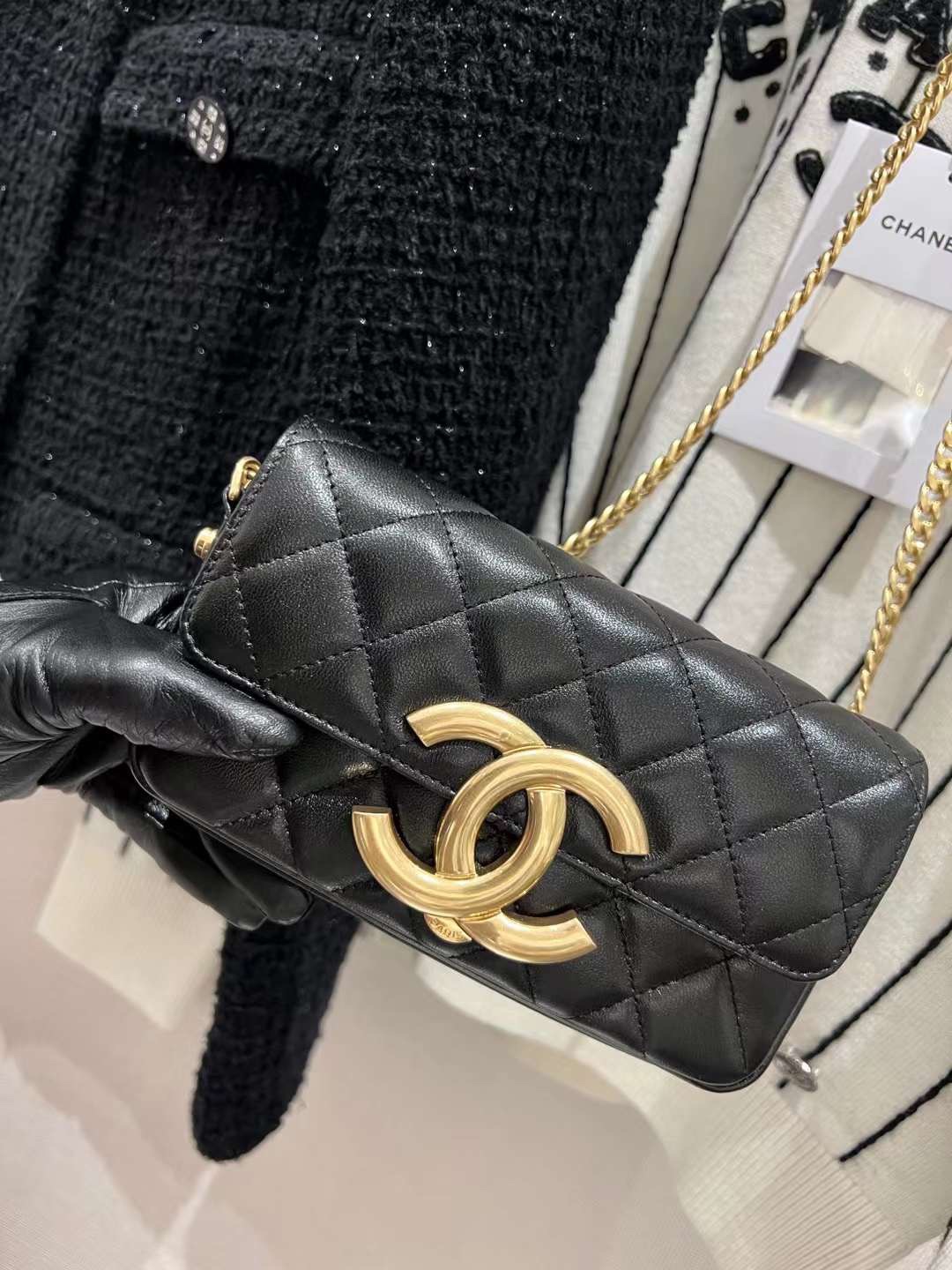 【P1580】Chanel23年新款包包 香奈儿黑色复古款大Logo链条手机包腋下包