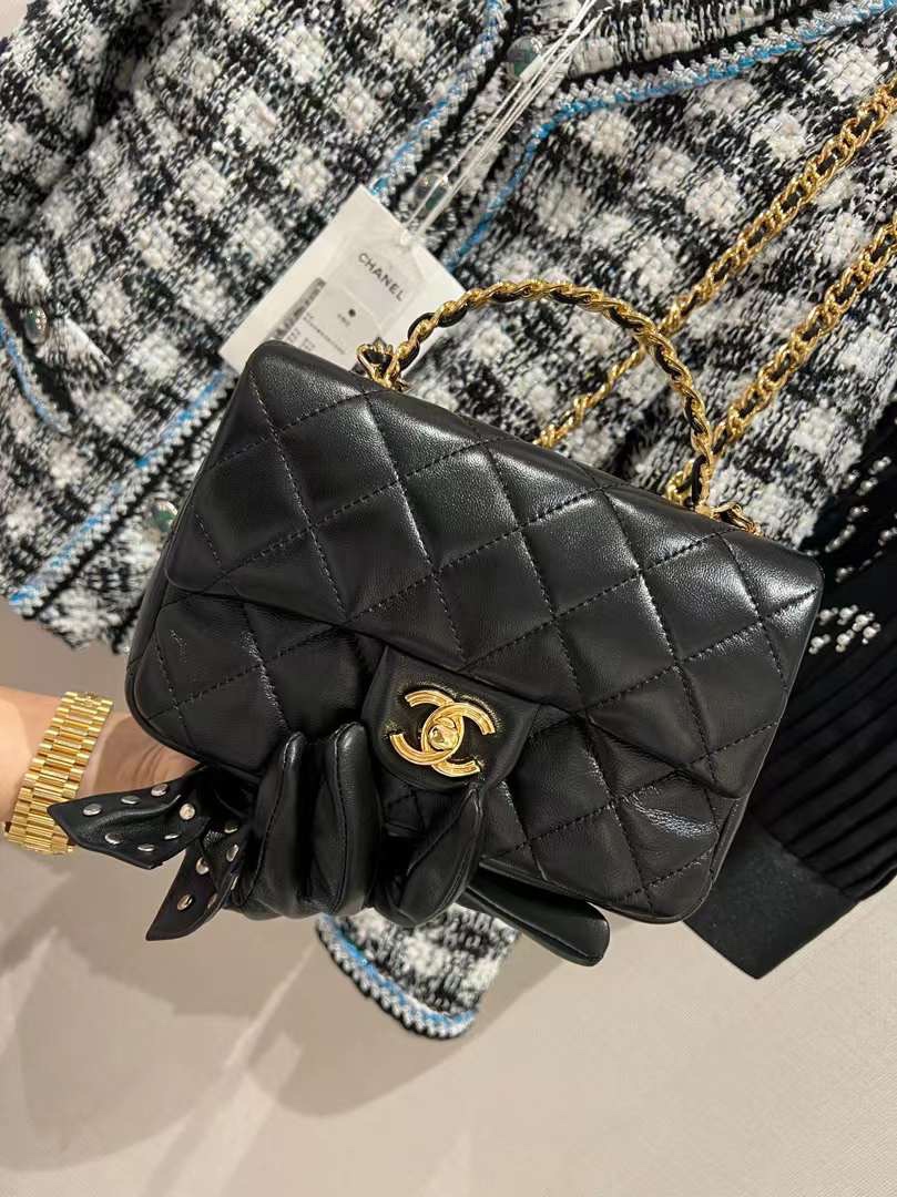 【P1880】Chanel Handle Classic 香奈儿黑色油蜡羊皮菱格手提斜挎女包
