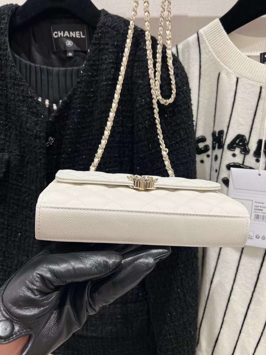 【P1280】Chanel包包官网 香奈儿白色荔枝纹牛皮23年新款链条手柄包斜挎包